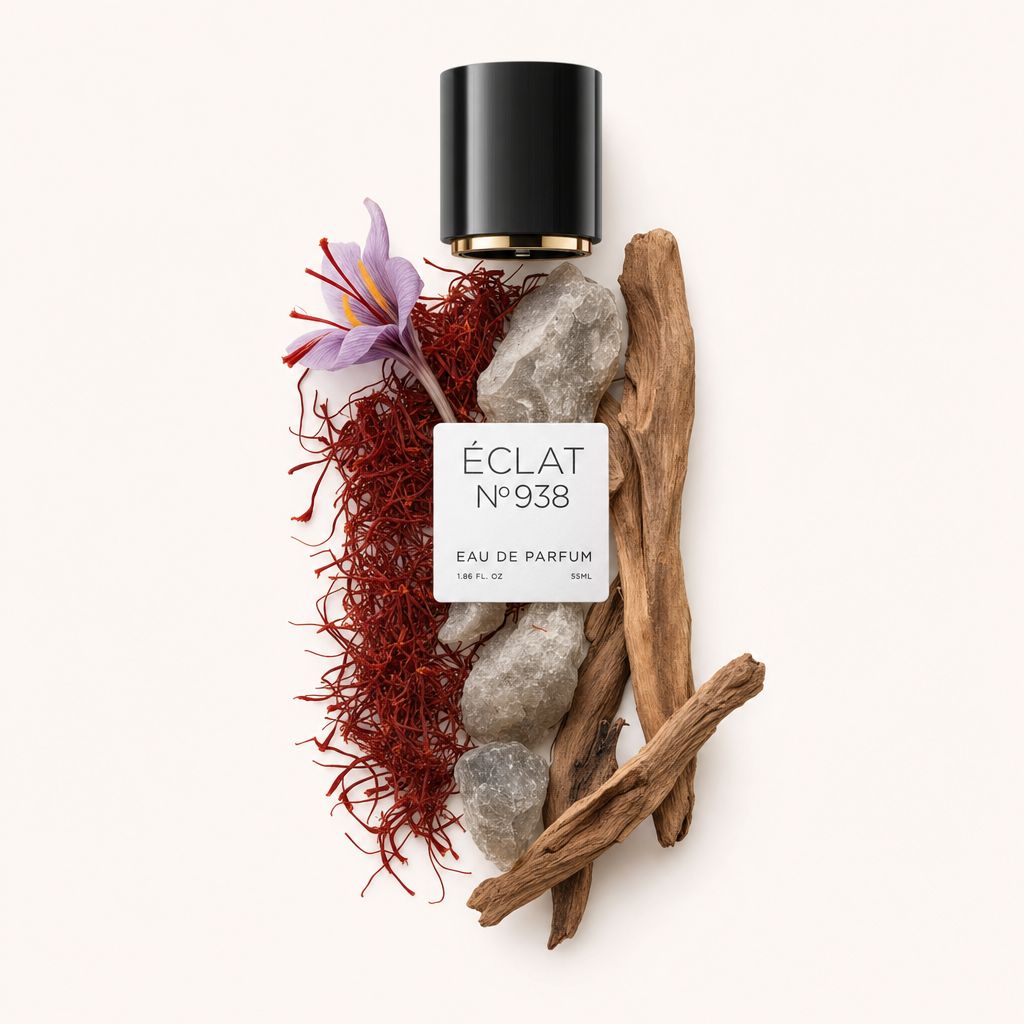 Un arrangiamento di fili di zafferano, un fiore di croco viola, pietre grezze e pezzi di legno alla deriva che circondano il tappo nero ÉCLAT con etichetta.