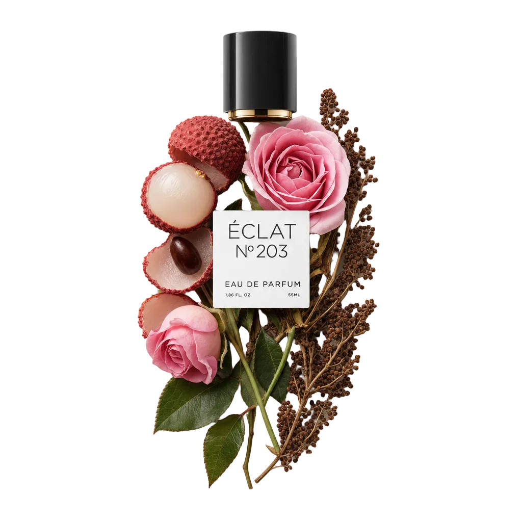 Un arrangiamento di litchi, rose rosa e semi marroni circonda il tappo nero originale ÉCLAT con etichetta.