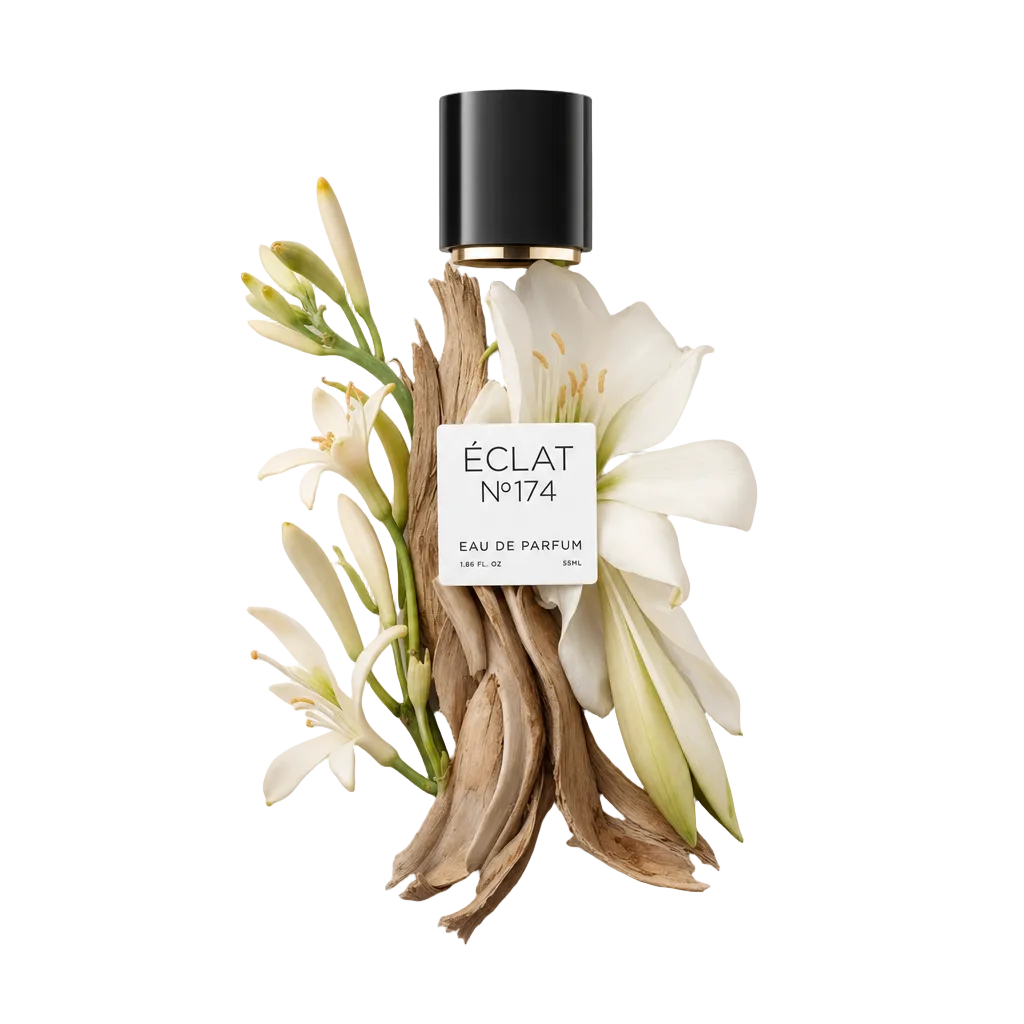 Una composizione di fiori di amarillide bianco e giglio d'acqua con pezzi di legno alla deriva circonda un tappo nero con etichetta per ÉCLAT White Amaryllis & Water Lily.