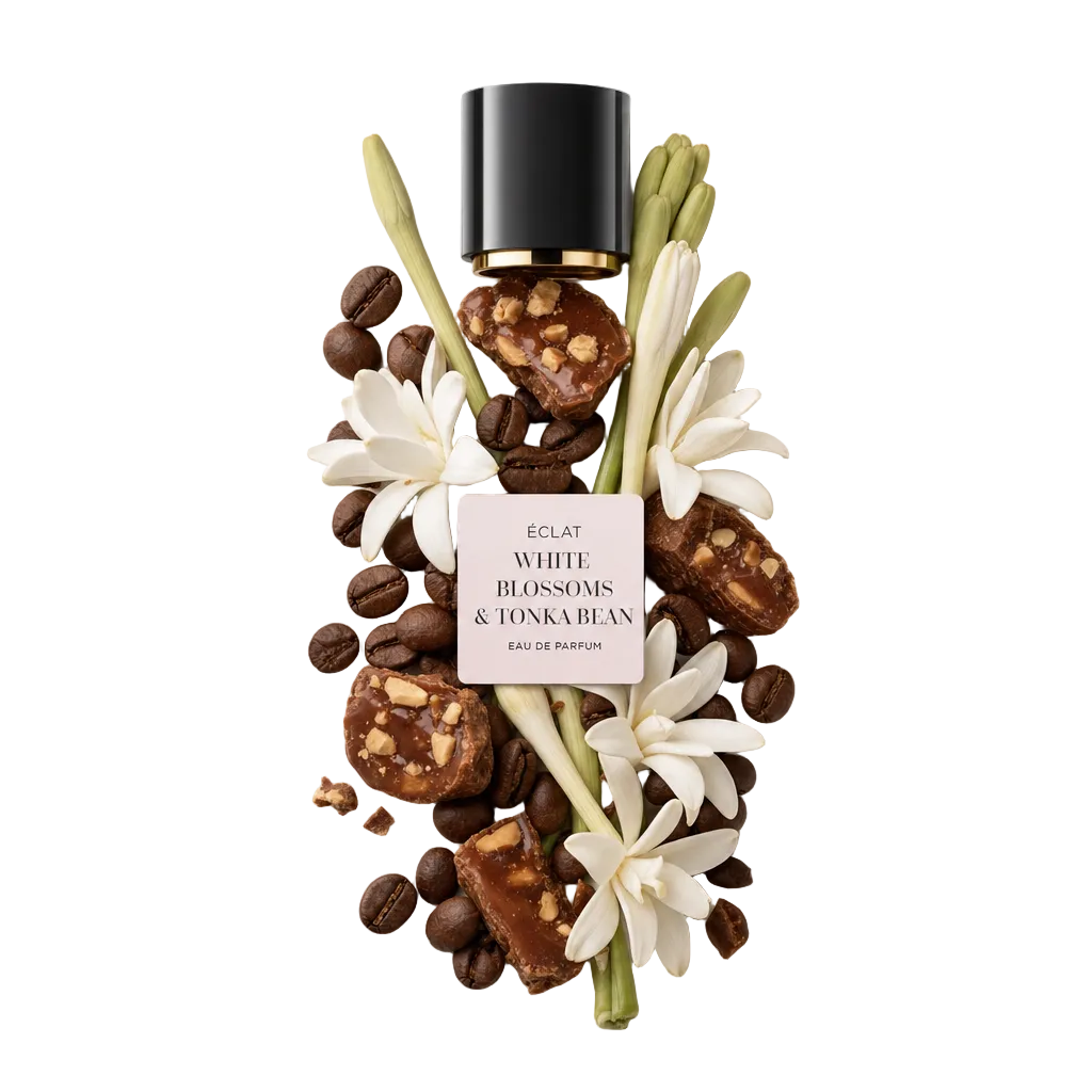Un arrangiamento di fiori bianchi, chicchi di caffè e dolci color caramello circonda un tappo nero con etichetta ÉCLAT White Blossoms & Tonka Bean.