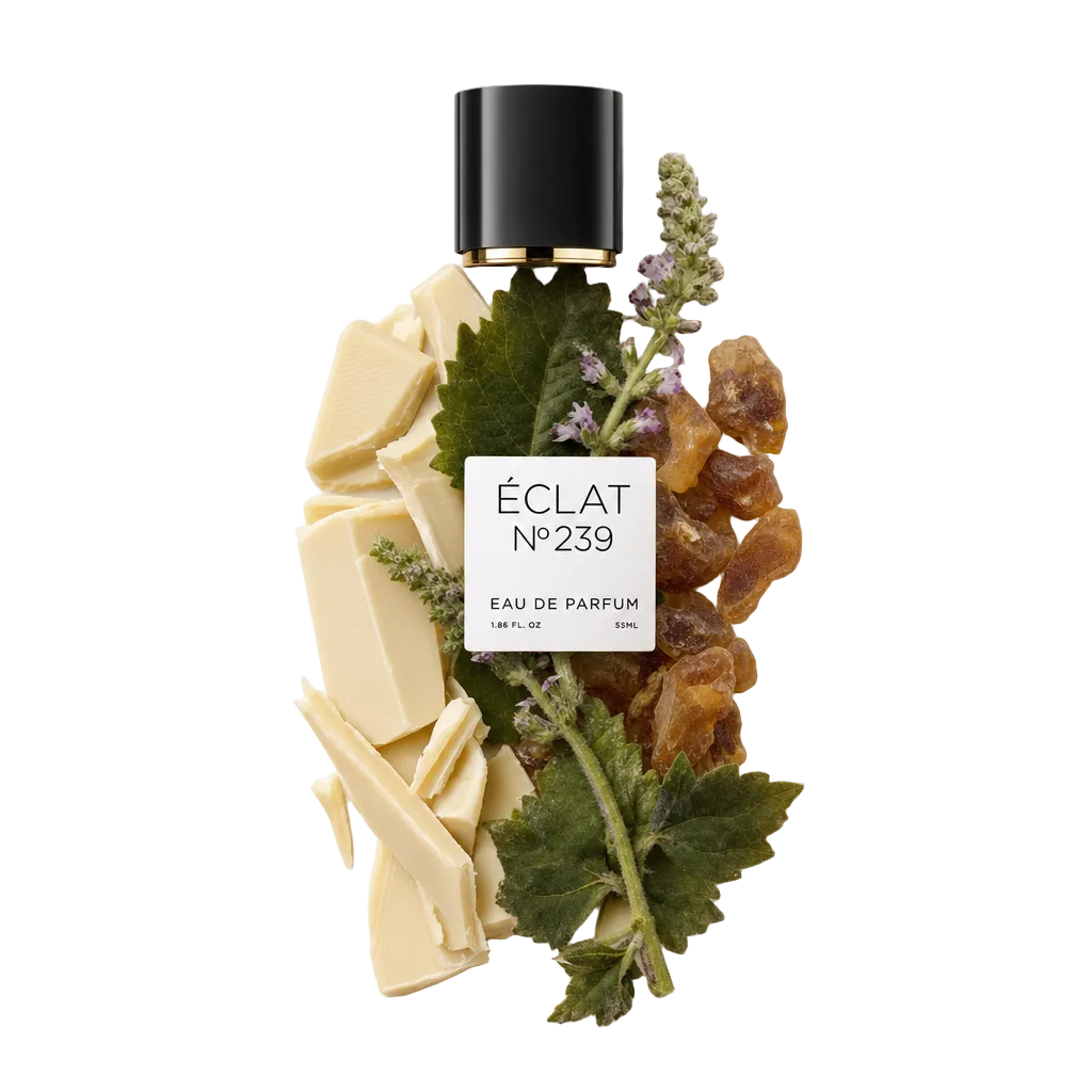 Un arrangiamento di pezzi di cioccolato bianco, foglie fresche di patchouli e resina, con un tappo nero con etichetta ÉCLAT 239.
