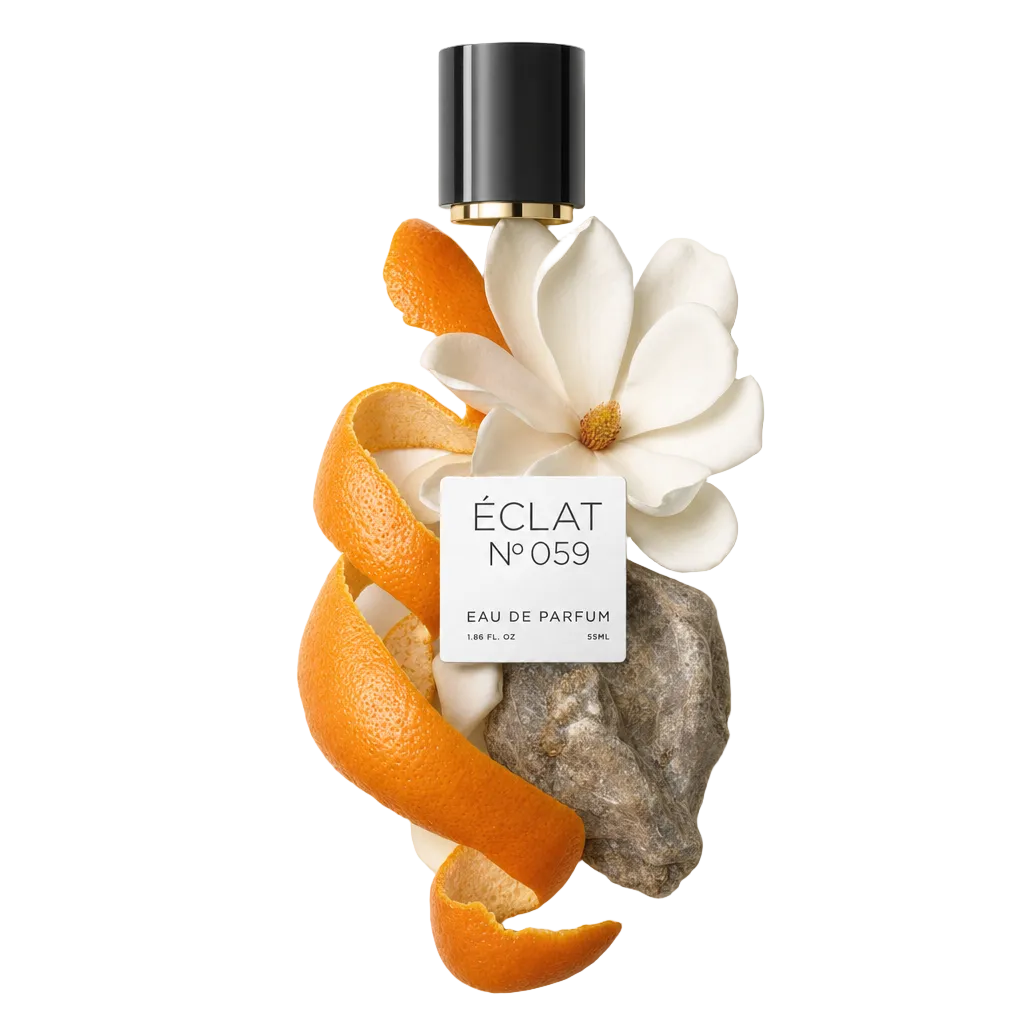 Un arrangiamento di petali di narciso bianco, spirali di scorza d'arancia e una pietra grezza attorno a un tappo nero con etichetta ÉCLAT VIP - White Daffodil.