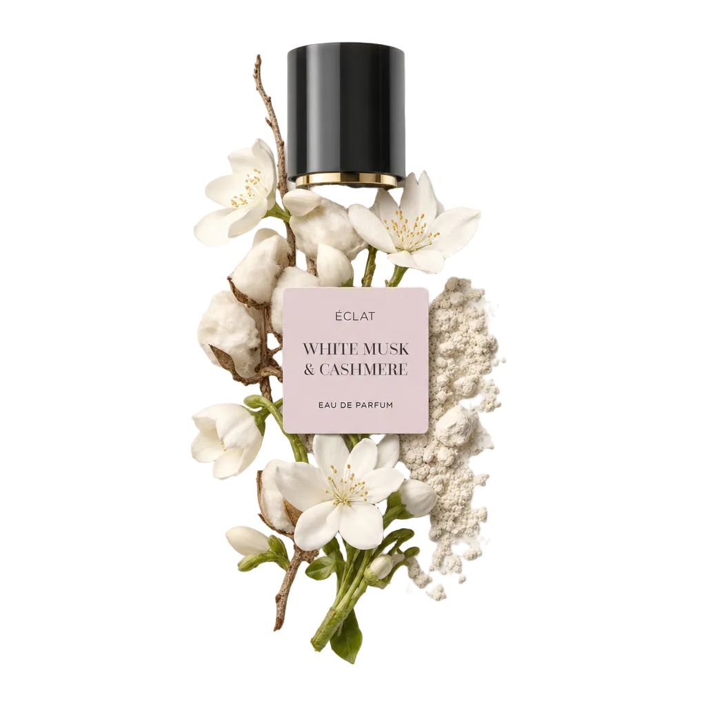 Un arrangiamento di delicati fiori bianchi, capsule di cotone e polvere fine circonda l'etichetta ÉCLAT White Musk & Cashmere sotto un cappuccio nero con accento dorato.