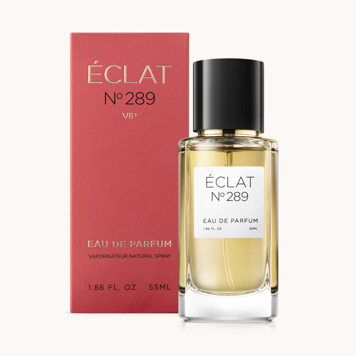 Flacone in vetro ÉCLAT VIP Woody Blackcurrant con tappo nero, accompagnato da una scatola rossa.