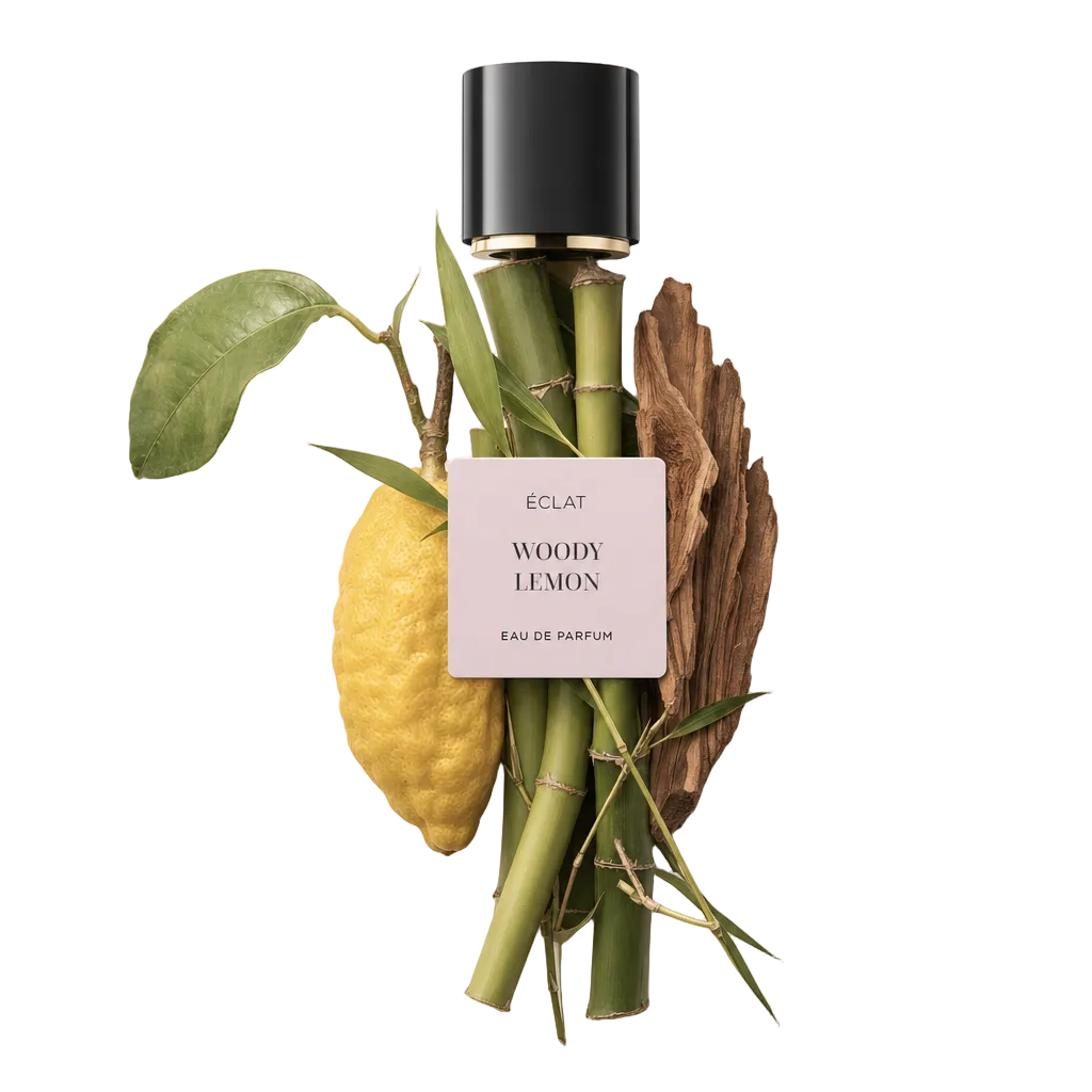 Un arrangiamento di bambù, un limone con foglie e pezzi di legno che circondano il tappo nero originale con etichetta di ÉCLAT Woody Lemon.