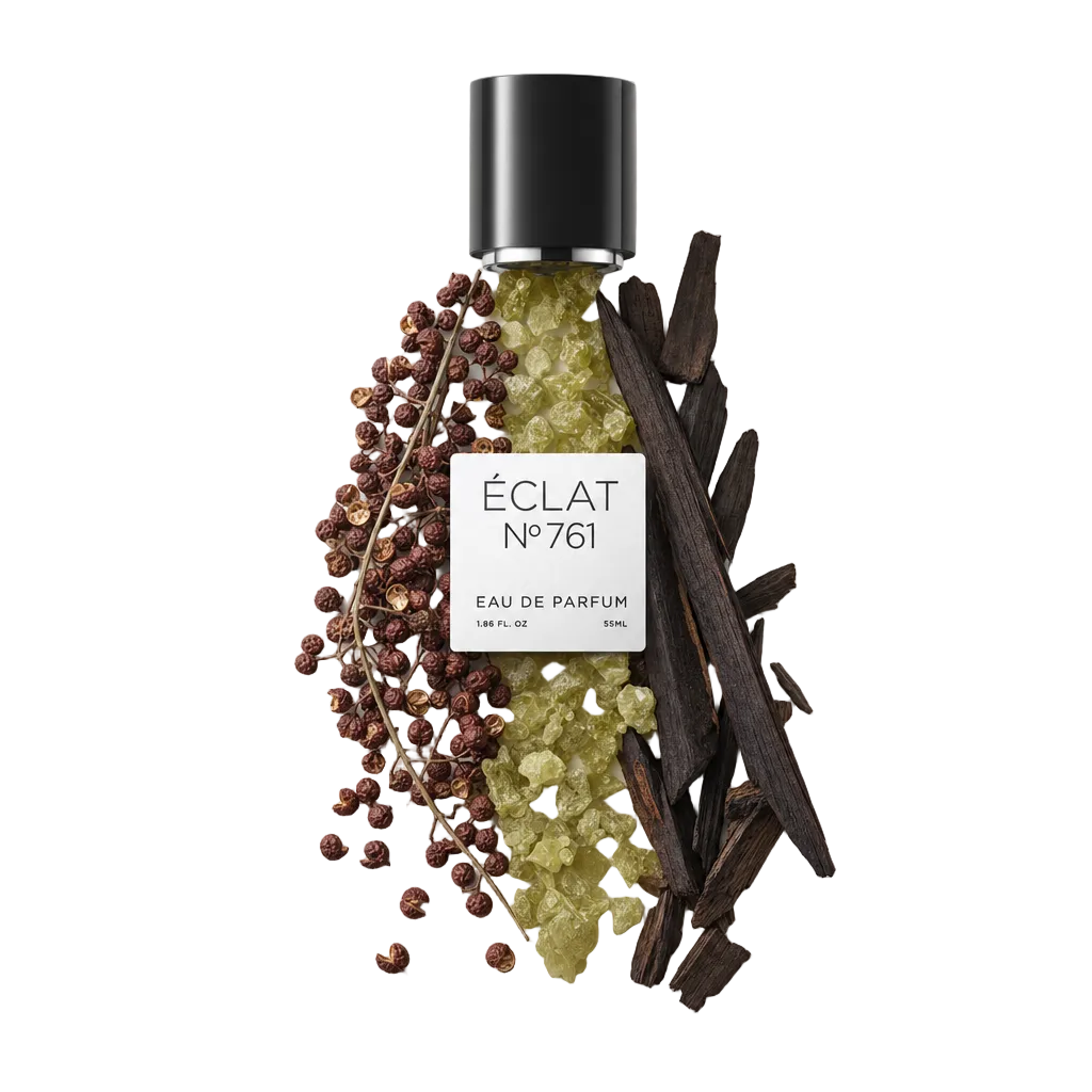 Un arrangiamento di ingredienti di pepe legnoso con tappo nero e etichetta di ÉCLAT. Pepe in grani, cristalli di resina e legno scuro sono disposti con eleganza.