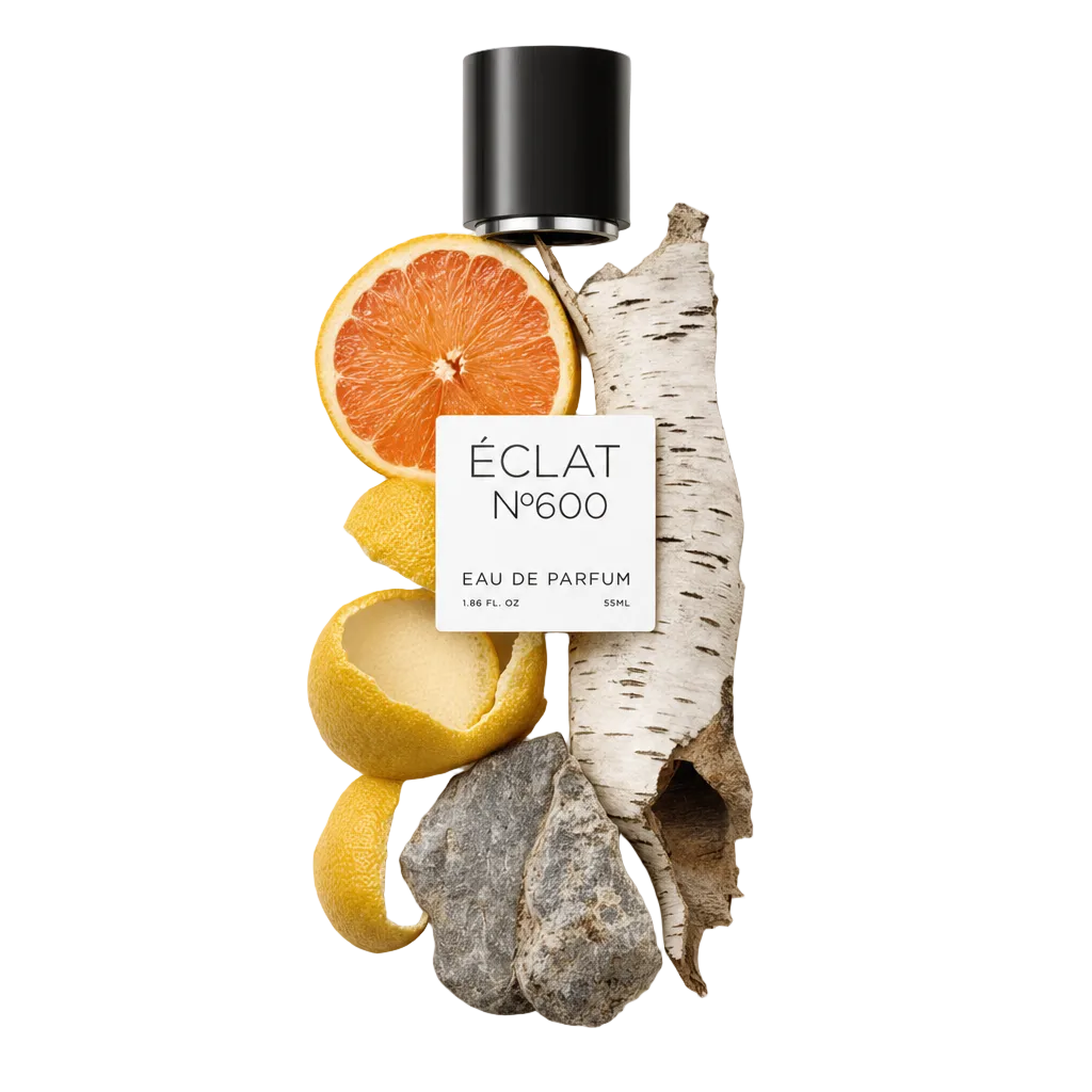 Una composizione artistica di fetta di pompelmo, scorza di limone, corteccia di betulla e pietre, con un tappo nero con etichetta ÉCLAT Woody Pineapple.
