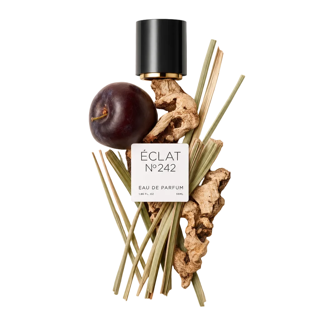 Un insieme di pezzi di legno essiccato, steli di citronella e una prugna matura mostra le note di ÉCLAT Woody Plum. Sopra si trova un tappo nero con etichetta.