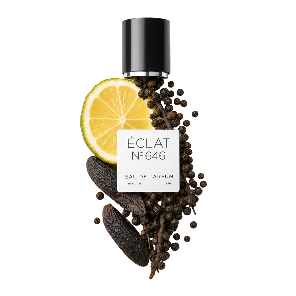 Una composizione di fetta di limone, fave tonka e grani di pepe circonda il tappo nero con un’etichetta di ÉCLAT Woody Tonka Bean.