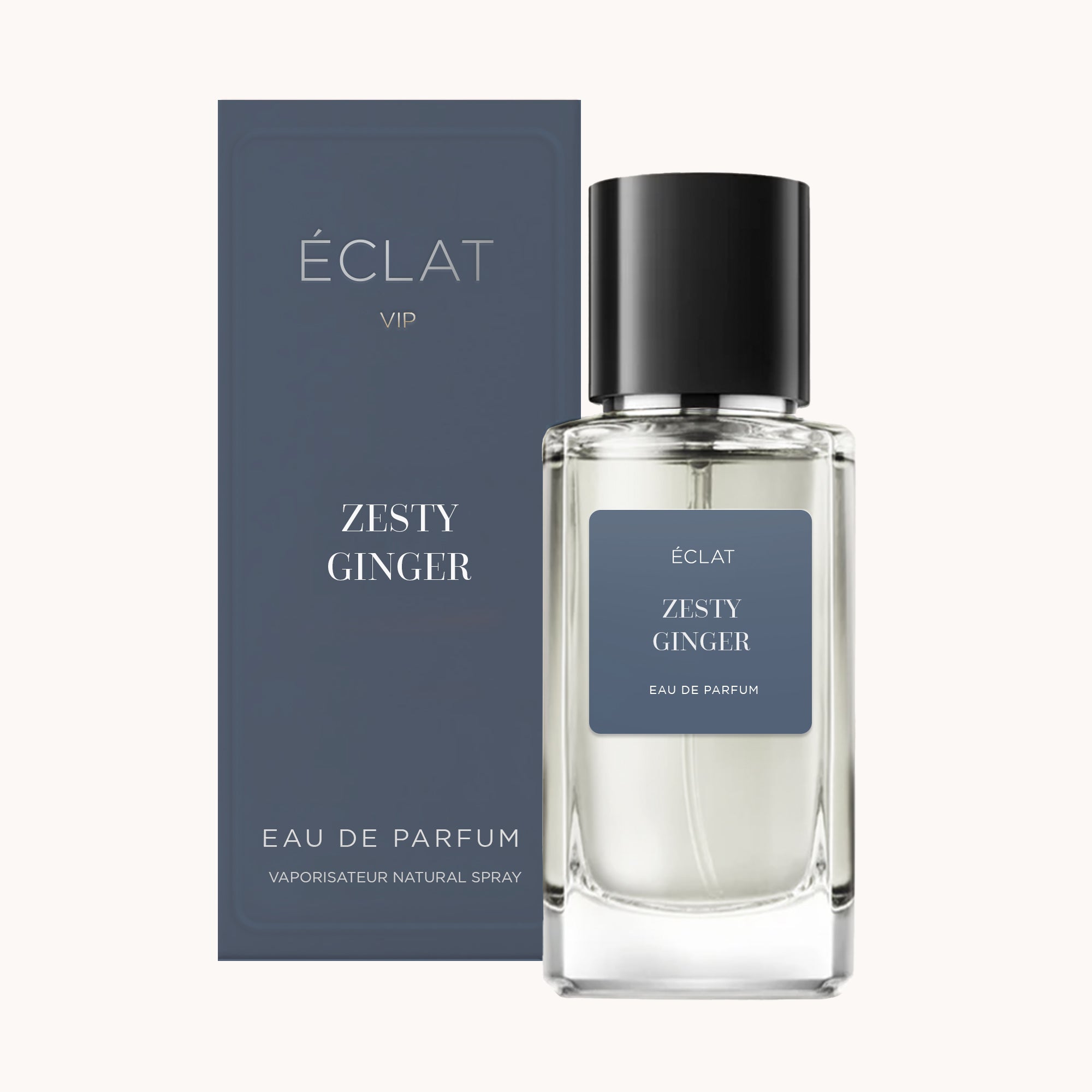 Bottiglia ÉCLAT Zesty Ginger VIP con tappo nero e scatola coordinata in elegante tonalità blu.