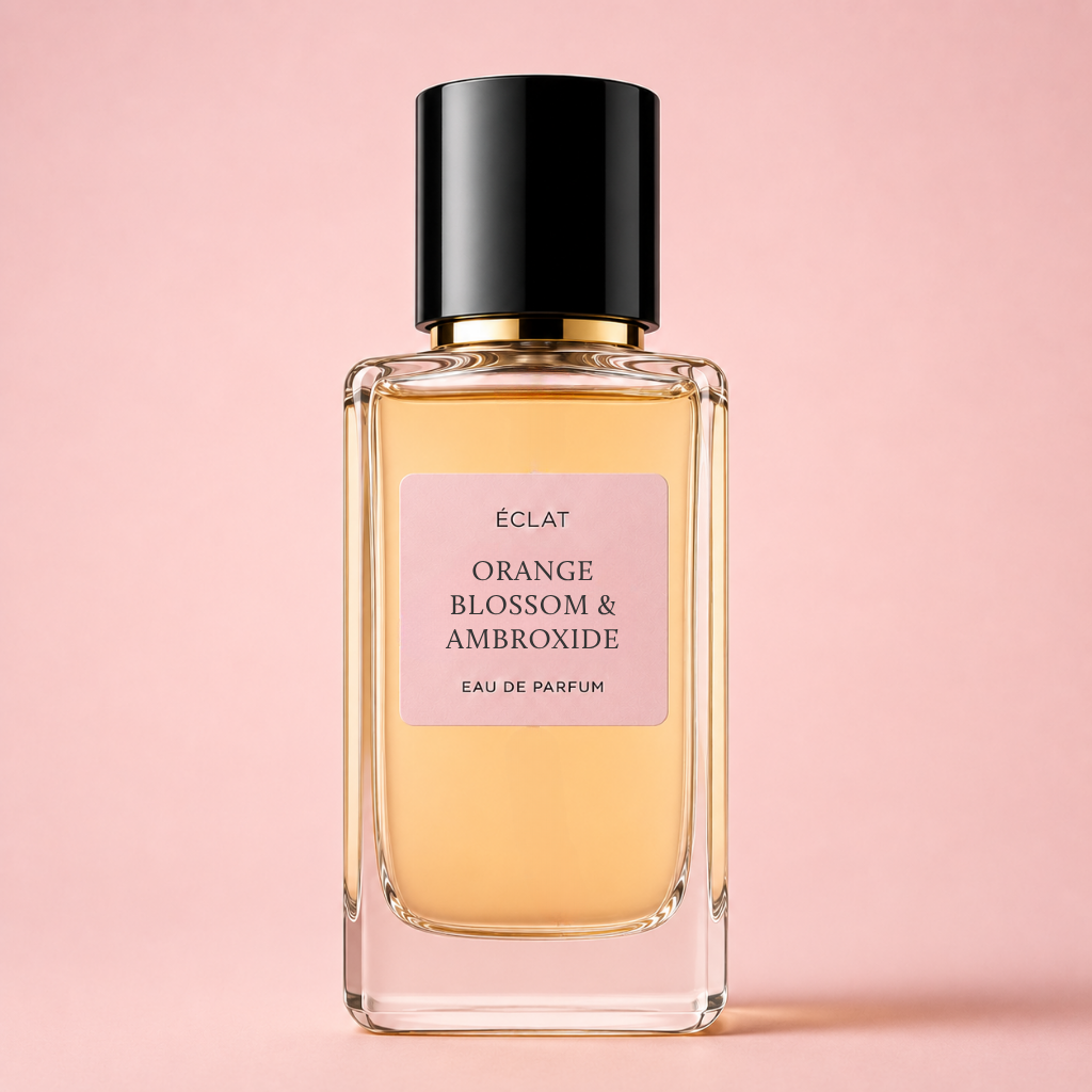 Il profumo ÉCLAT Orange Blossom & Ambroxide è presentato in un flacone di vetro sfaccettato con un elegante tappo nero.
