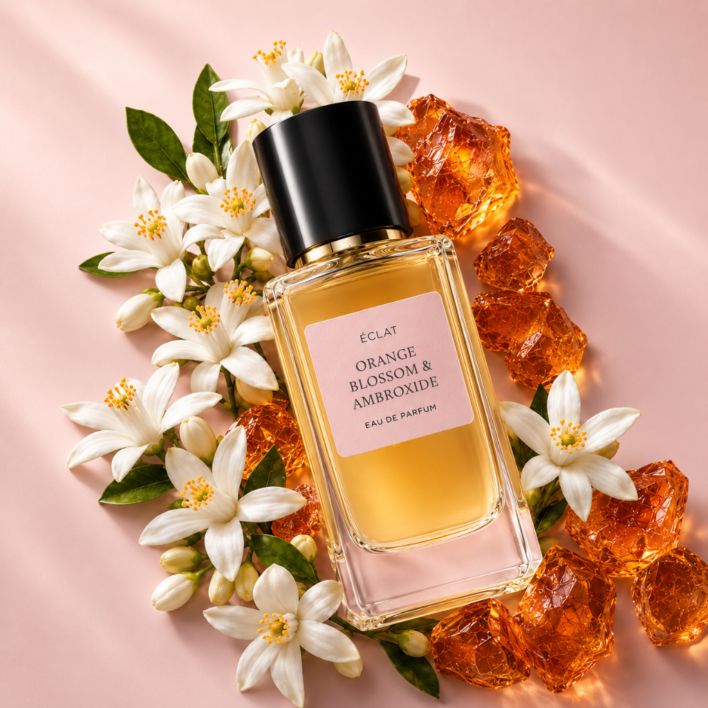Un flacone in vetro sfaccettato del profumo ÉCLAT Orange Blossom & Ambroxide con tappo nero, circondato da fiori d'arancio bianchi e cristalli d'ambra.