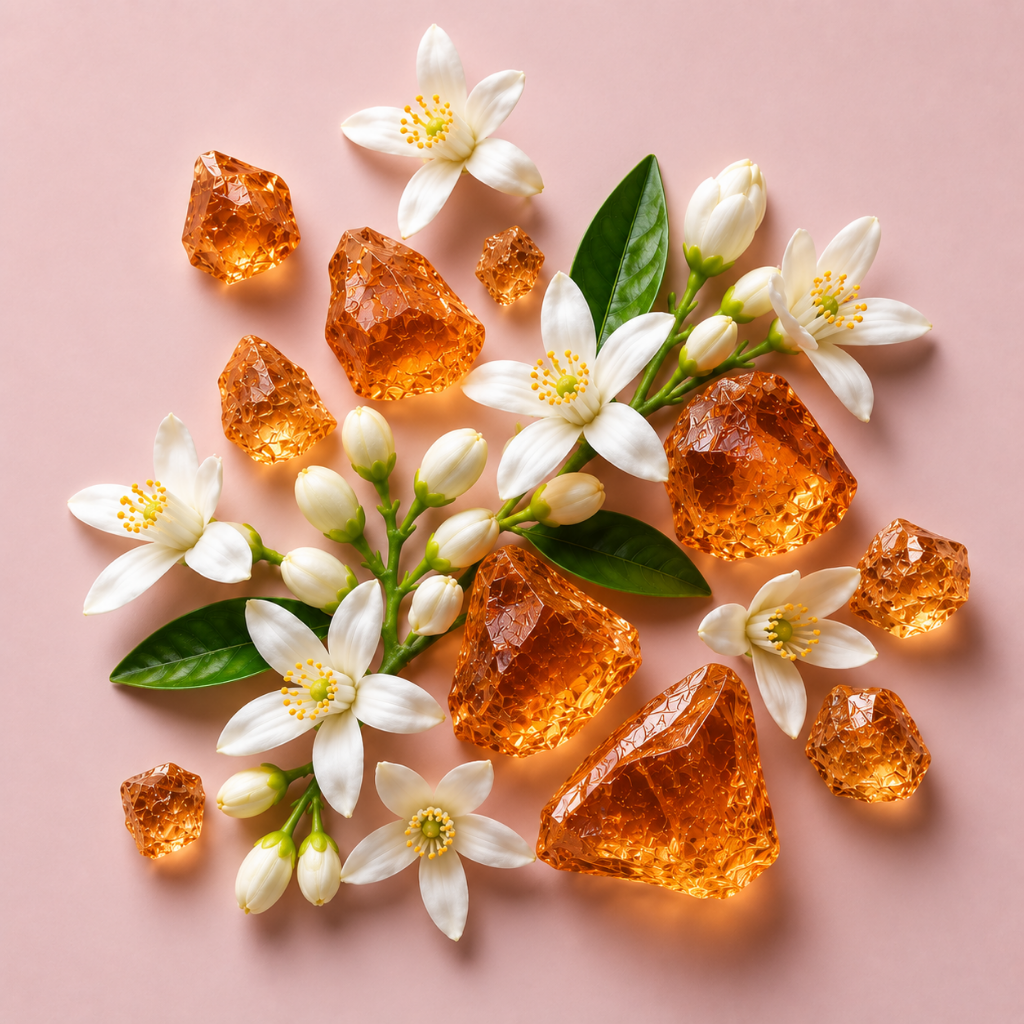 Una disposizione di cristalli sfaccettati color ambra con fiori di zagara e foglie verdi su uno sfondo rosa tenue, che rappresenta ÉCLAT Orange Blossom & Ambroxide.