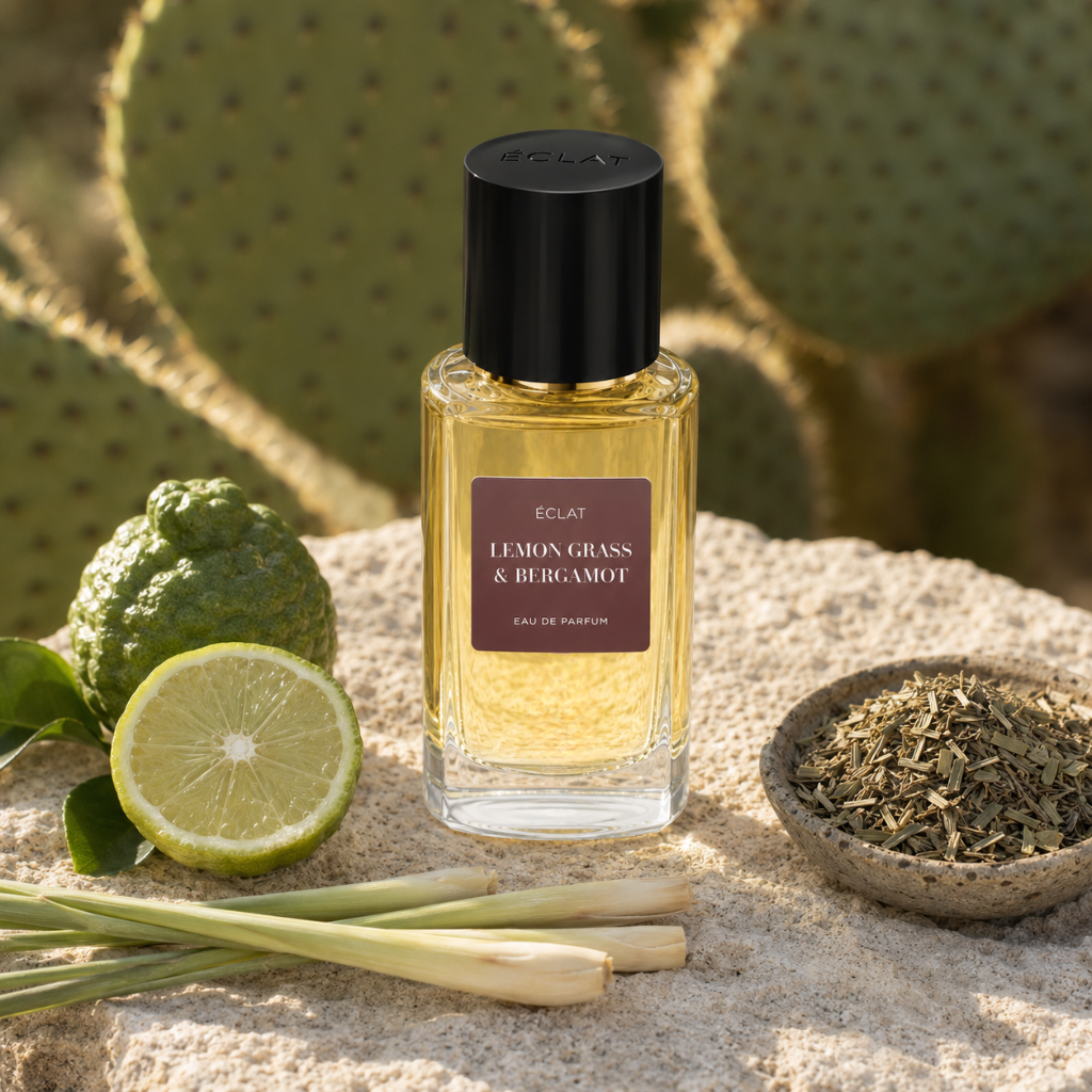 Un flacone in vetro sfaccettato di profumo ÉCLAT Lemon Grass & Bergamot RAR con tappo nero, circondato da citronella e bergamotto freschi, su pietra.