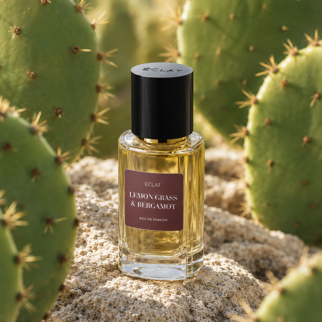 Fragranza ÉCLAT Lemon Grass & Bergamot RAR in un flacone di vetro sfaccettato con tappo nero, su sfondo di cactus.