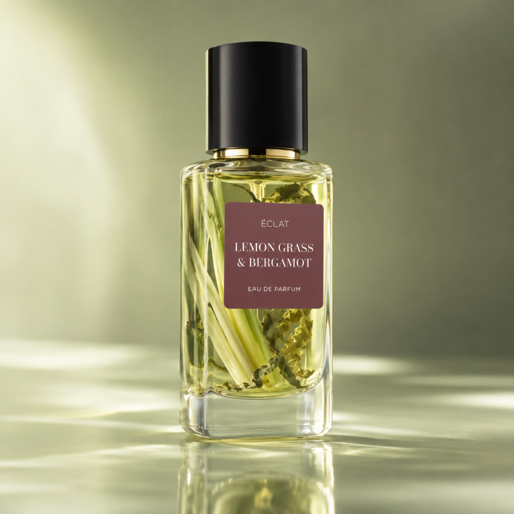 ÉCLAT Lemon Grass & Bergamot RAR in un flacone di vetro sfaccettato trasparente con tappo nero opaco e liquido ambrato.
