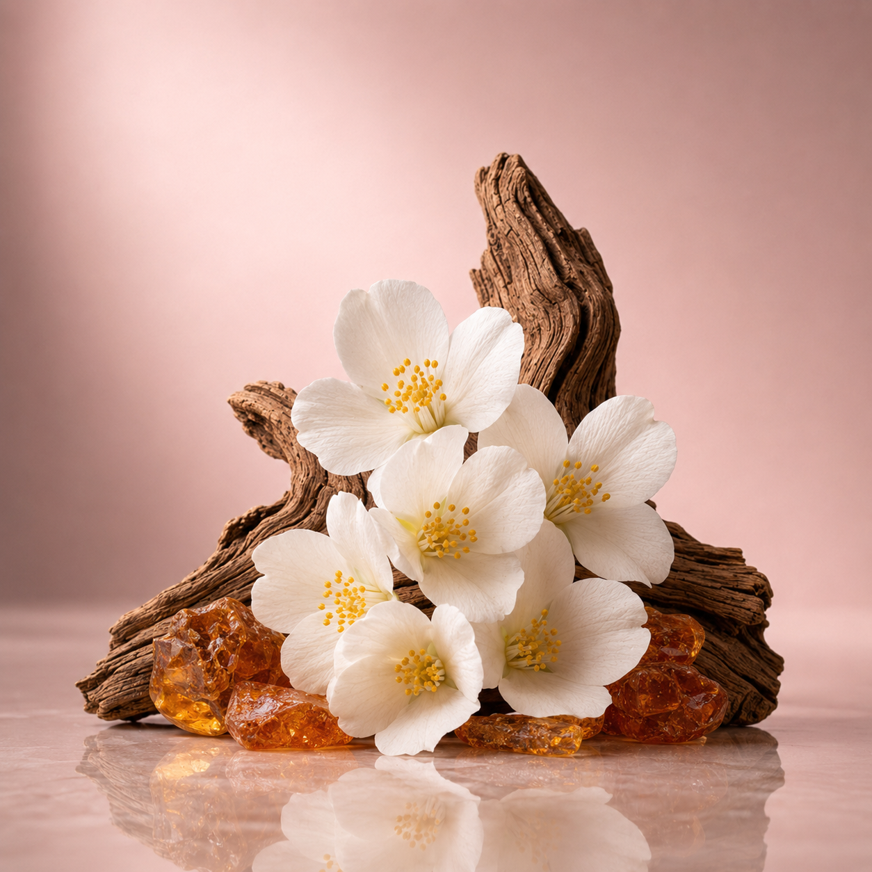 Fiori di gelsomino bianco e ambra su legno di drift per ÉCLAT Cashmere & Jasmine.