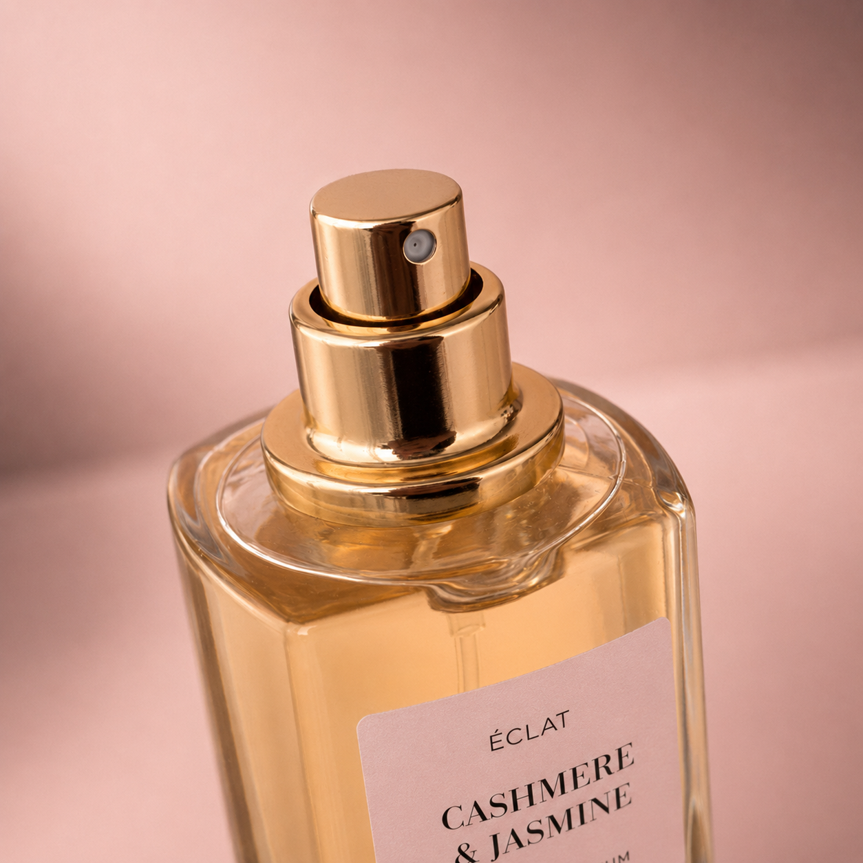 Flacone di profumo ÉCLAT Cashmere & Jasmine con design in vetro sfaccettato e ugello spray dorato, su uno sfondo rosa tenue.