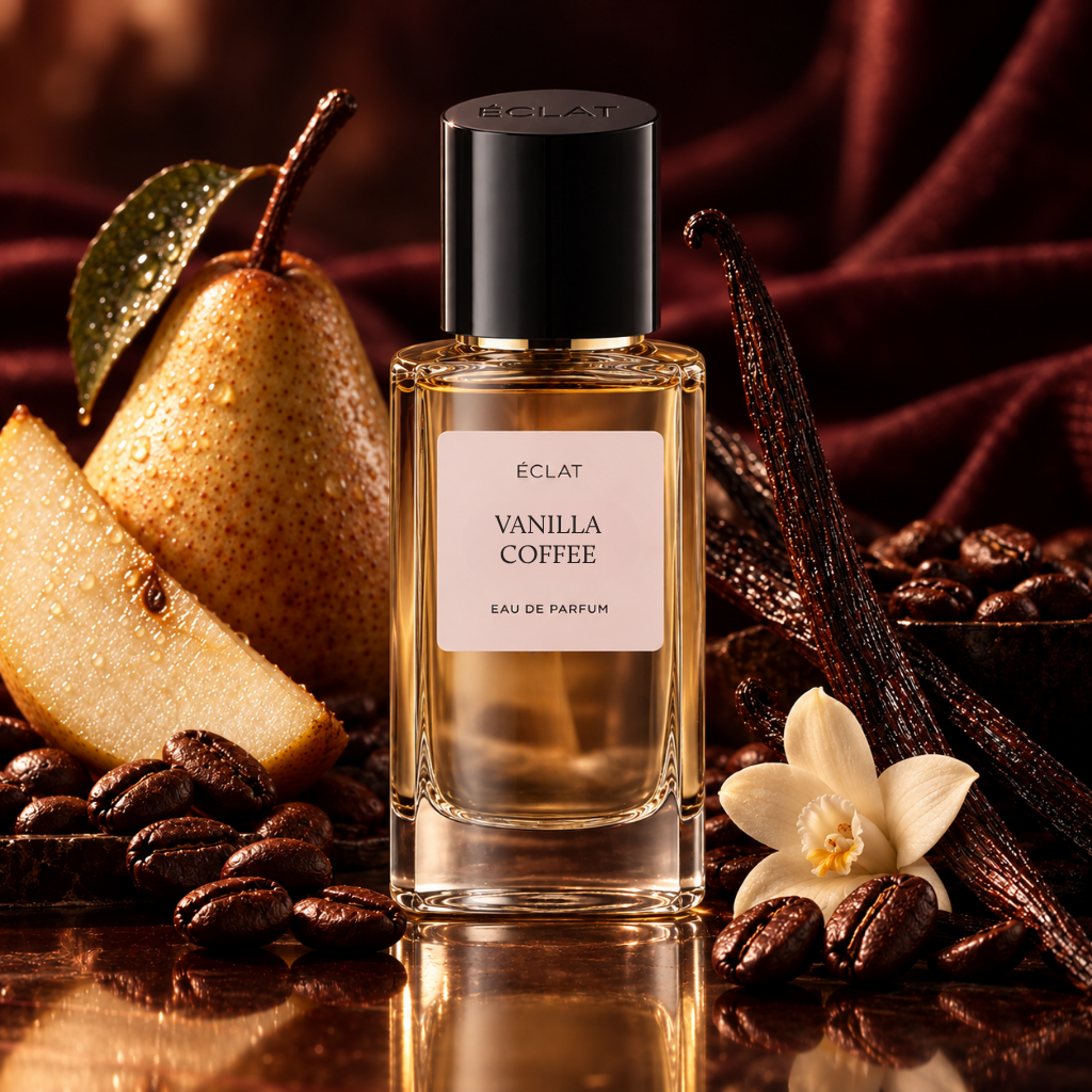 Un flacone di vetro sfaccettato di ÉCLAT Vanilla Coffee è circondato da una pera, chicchi di caffè e baccelli di vaniglia su una ricca superficie testurizzata.