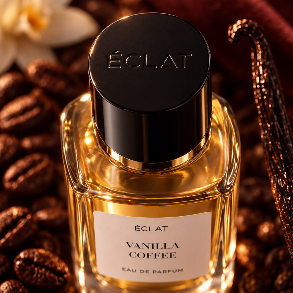 Flacone di vetro sfaccettato di ÉCLAT Vanilla Coffee con tappo nero, circondato da chicchi di caffè e baccelli di vaniglia.