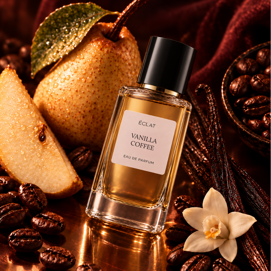 Flacone in vetro di ÉCLAT Vanilla Coffee con tappo nero, circondato da una pera, chicchi di caffè, baccelli di vaniglia e un fiore di vaniglia su una superficie di rame.