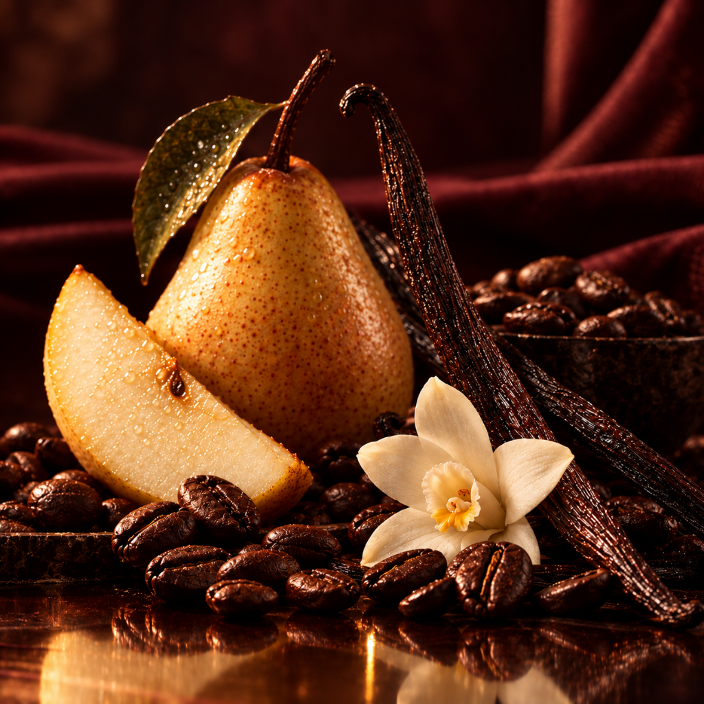 Una pera matura e una fetta, circondate da chicchi di caffè aromatici e baccelli di vaniglia, con un elegante fiore di vaniglia in primo piano.