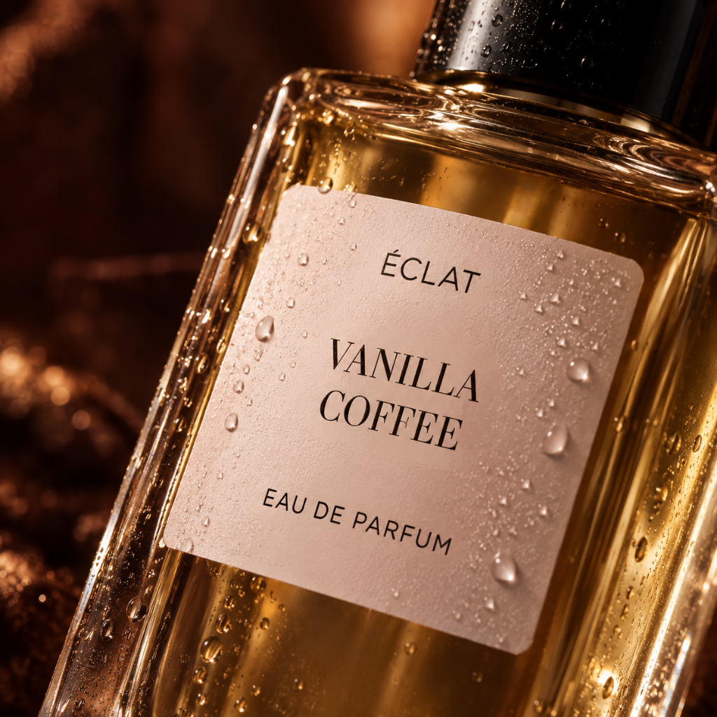 Flacone in vetro sfaccettato di ÉCLAT Vanilla Coffee con tappo nero lucido ed etichetta testurizzata, adornato con gocce.