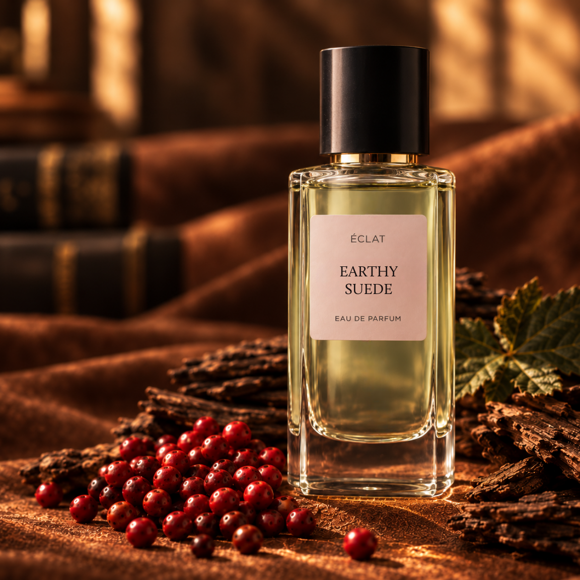 Bottiglia di profumo ÉCLAT Earthy Suede con design in vetro sfaccettato e tappo nero, circondata da bacche e foglie su uno sfondo strutturato.