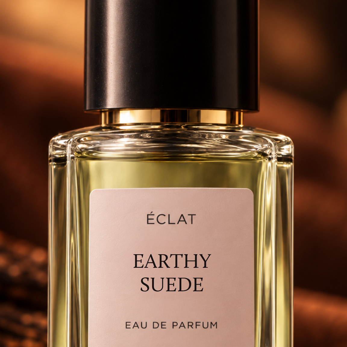 Flacone in vetro sfaccettato con tappo nero opaco ed etichetta ÉCLAT Earthy Suede.