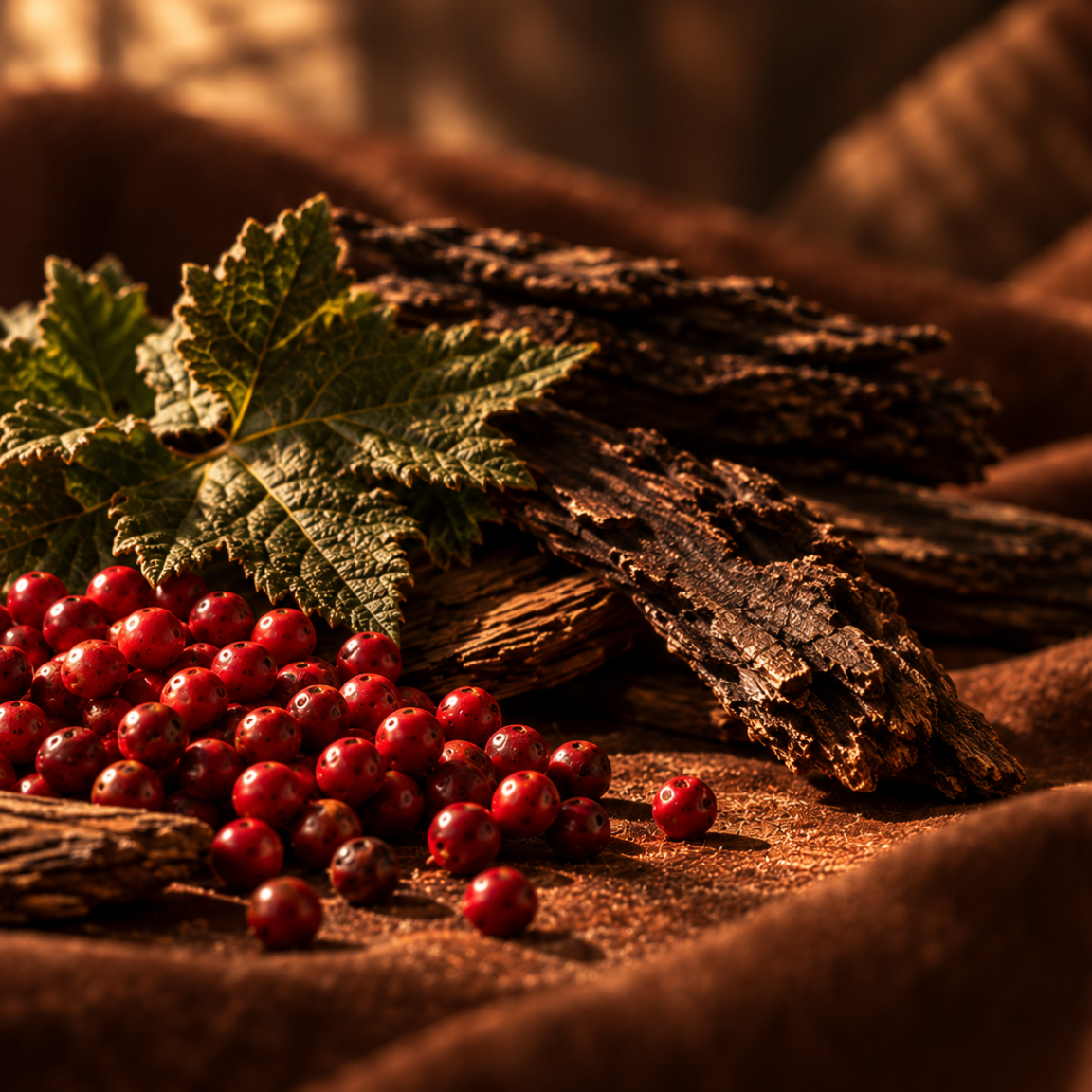 Una composizione di bacche rosse, corteccia secca e una foglia verde su una superficie di tessuto marrone, evocando l'essenza di ÉCLAT Earthy Suede.