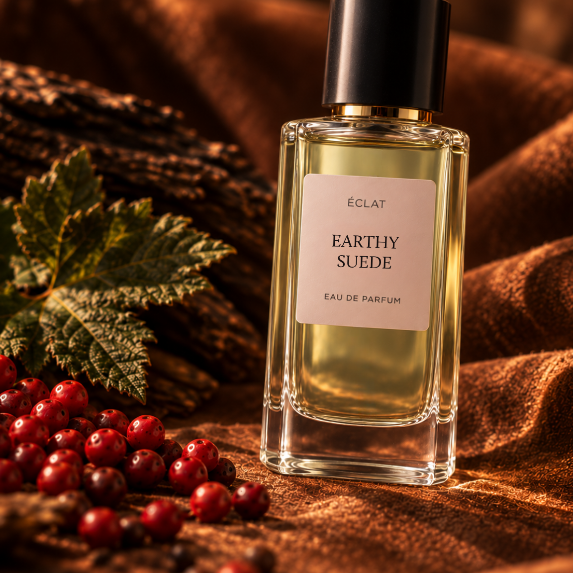 Flacone in vetro sfaccettato di ÉCLAT Earthy Suede con tappo nero circondato da bacche rosse e foglie verdi su un tessuto marrone ricco.