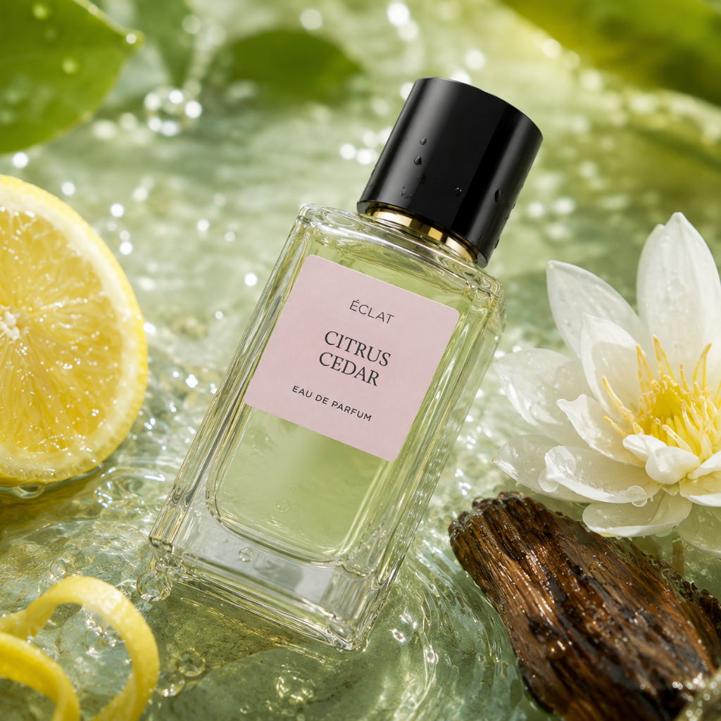 Bottiglia di vetro sfaccettato di ÉCLAT Citrus Cedar con tappo nero, circondata da limone fresco, fiore bianco e legno su acqua increspata.