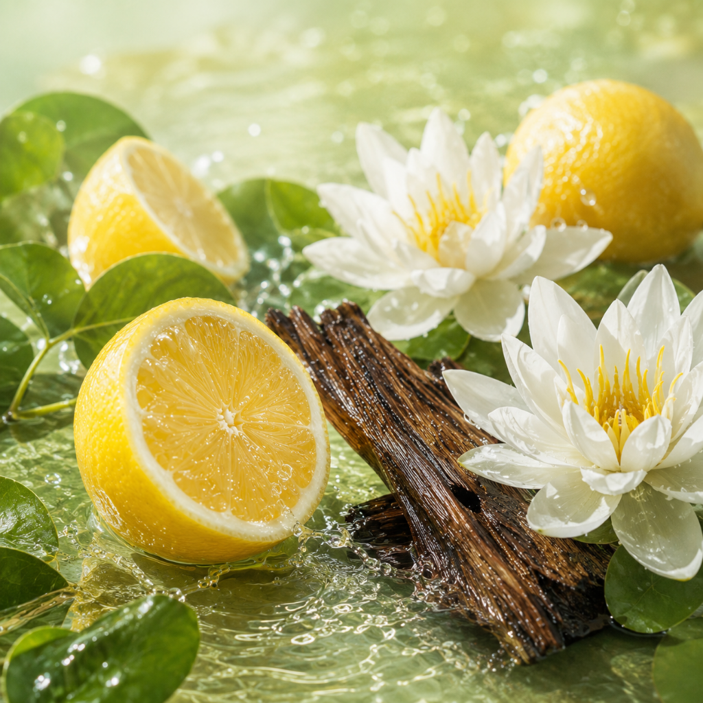 Fette di limone fresco e fiori di loto bianchi accanto a un pezzo di cedro su una superficie d'acqua.