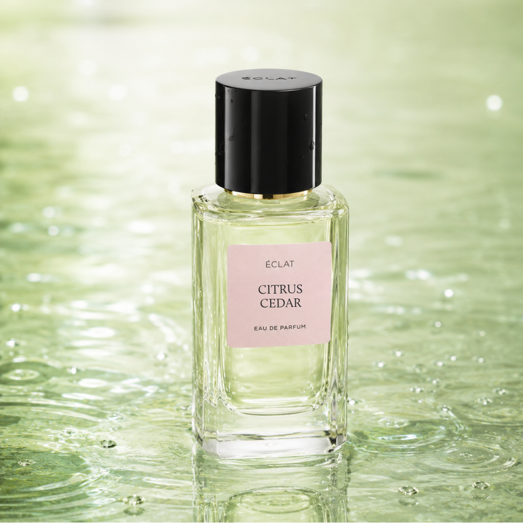 Un flacone in vetro sfaccettato di ÉCLAT Citrus Cedar con tappo nero su una superficie verde ondulata.