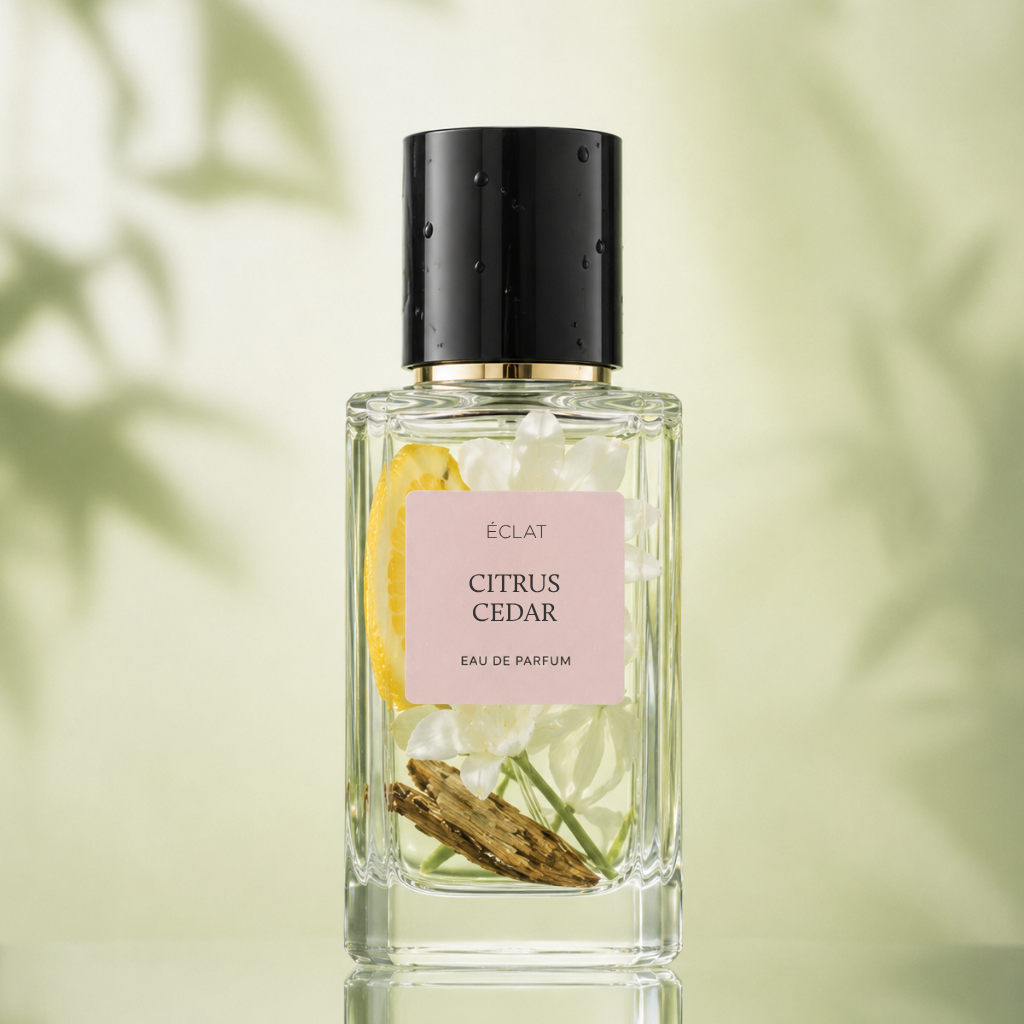 Flacone in vetro sfaccettato di ÉCLAT Citrus Cedar con tappo nero elegante e etichetta chiara, su sfondo verde tenue.