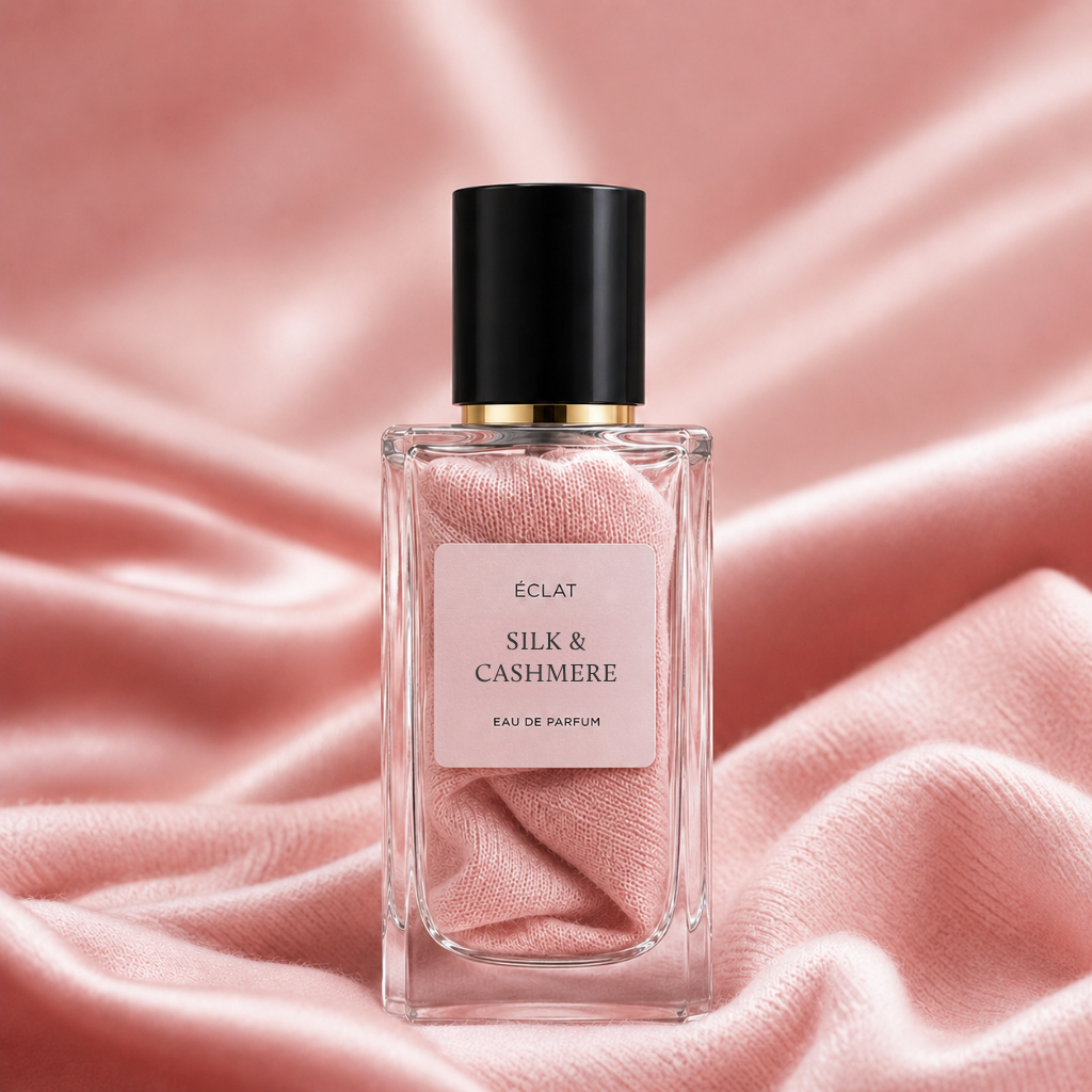 Un flacone di vetro sfaccettato di ÉCLAT Silk & Cashmere con tappo nero, su tessuto rosa soffice.