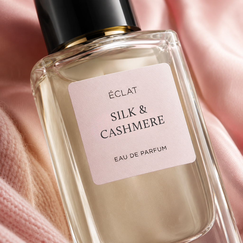 Flacone di profumo ÉCLAT Silk & Cashmere con etichetta rosa tenue, posizionato su tessuto rosa che ne evidenzia l'eleganza.