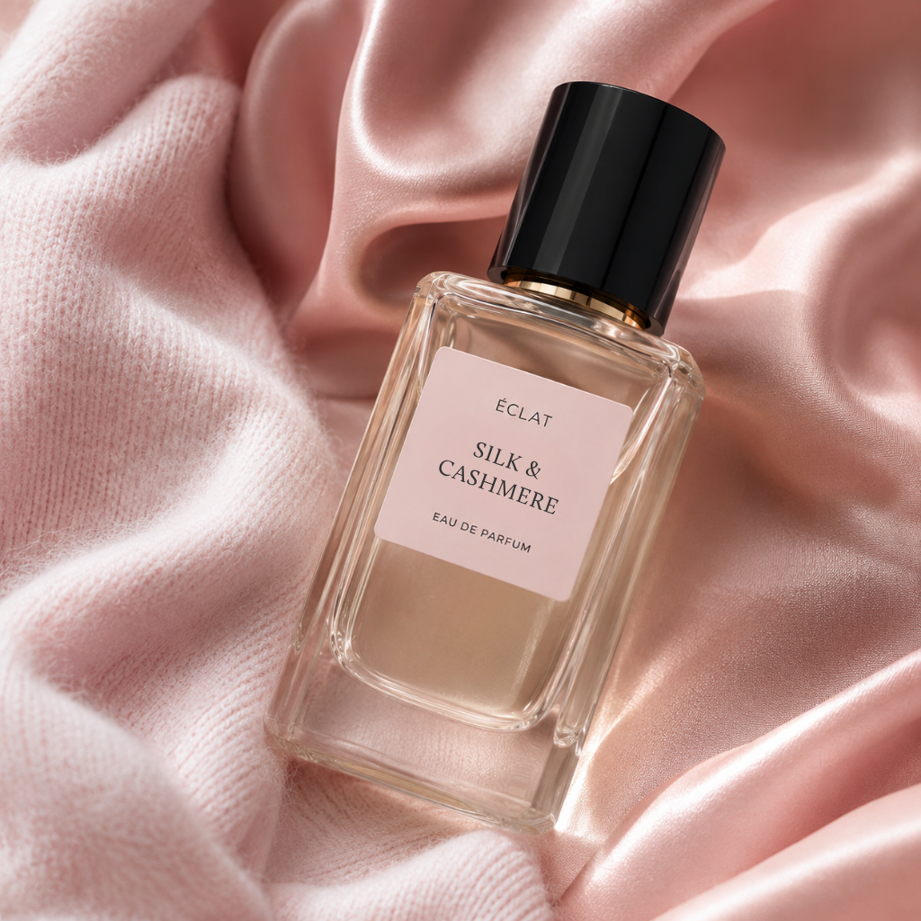 Flacone in vetro sfaccettato di ÉCLAT Silk & Cashmere su tessuto di seta rosa, con tappo nero e luce soffusa.