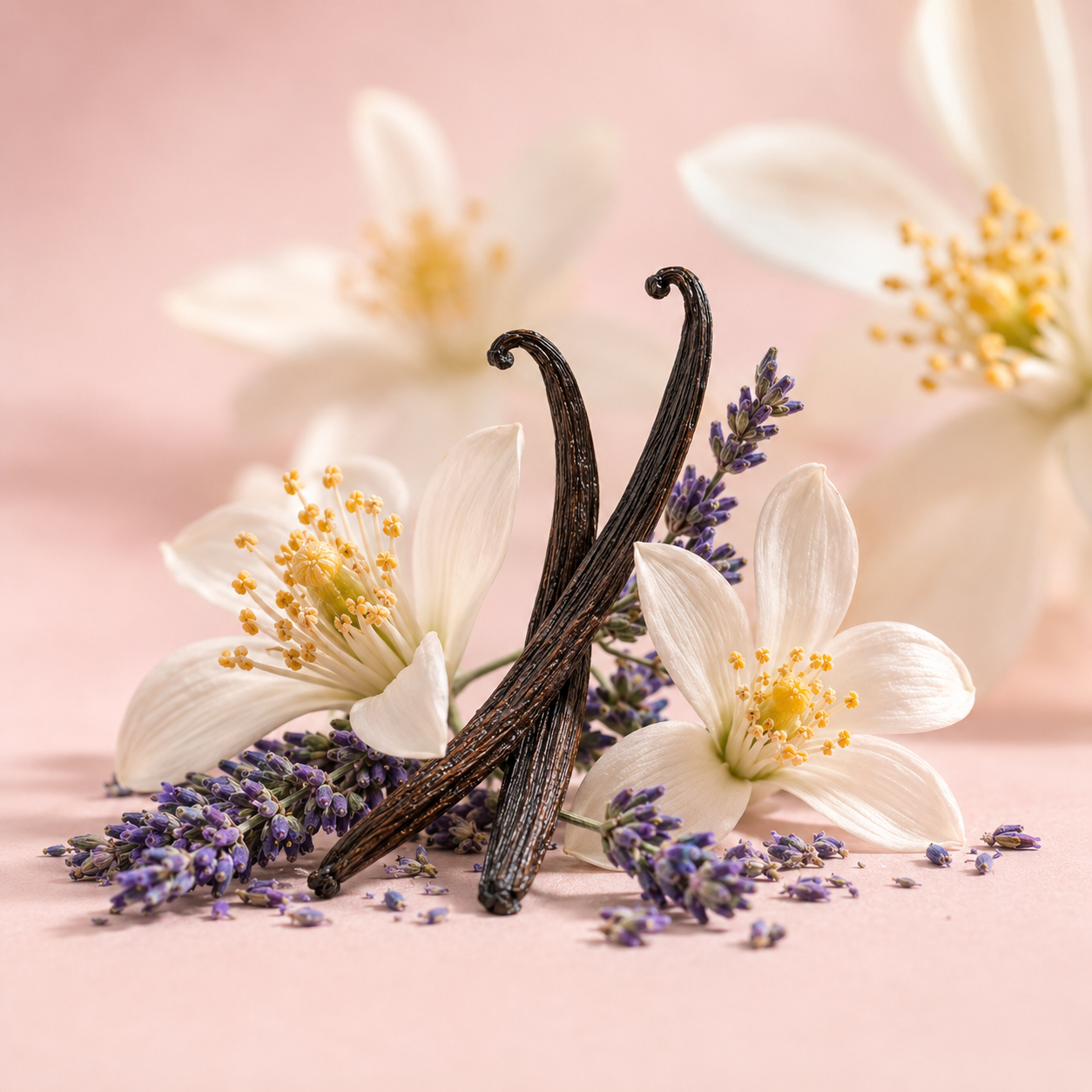 Seducenti fiori d'arancio e rametti di lavanda intrecciati, su uno sfondo rosa tenue, incarnano ÉCLAT Orange Blossom & Lavender.