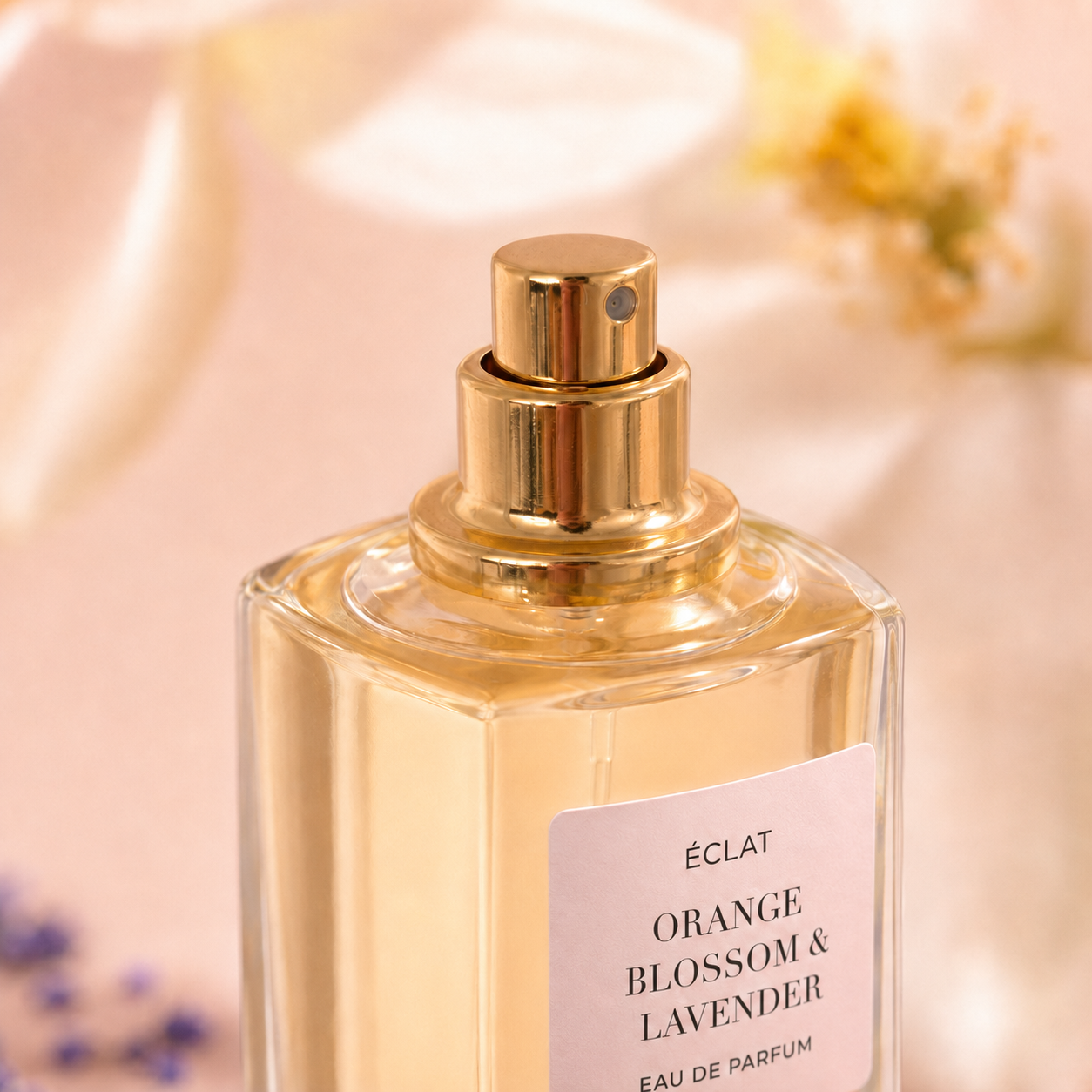 Flacone in vetro sfaccettato di ÉCLAT Orange Blossom & Lavender con erogatore dorato su sfondo floreale tenue.