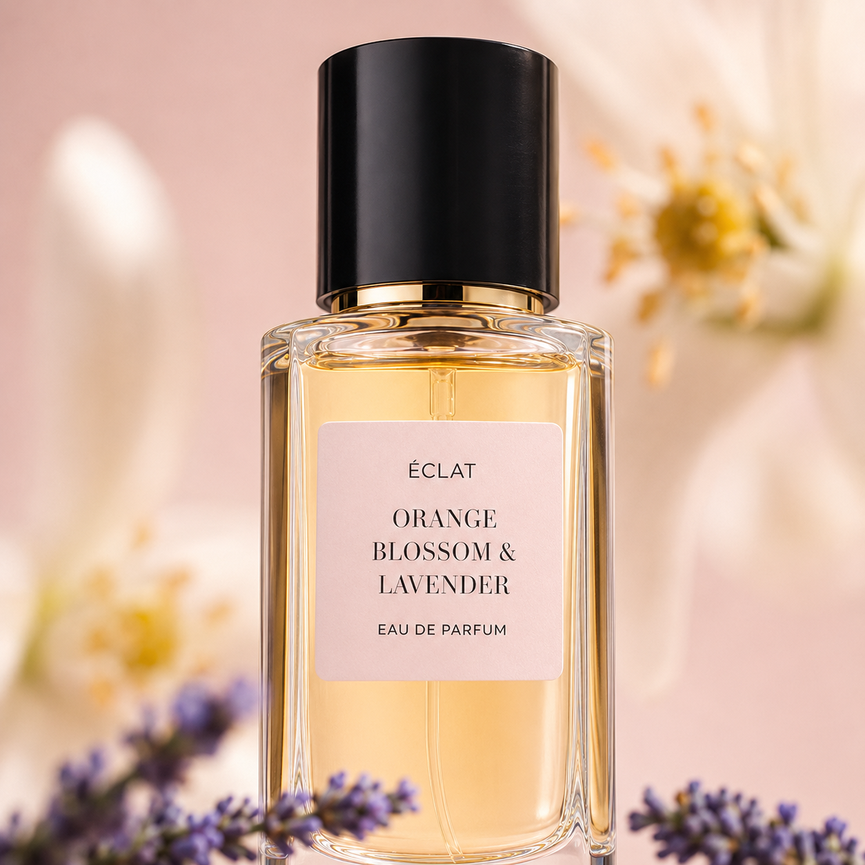 Flacone in vetro sfaccettato di ÉCLAT Orange Blossom & Lavender con tappo nero elegante, circondato da lavanda ed elementi floreali.