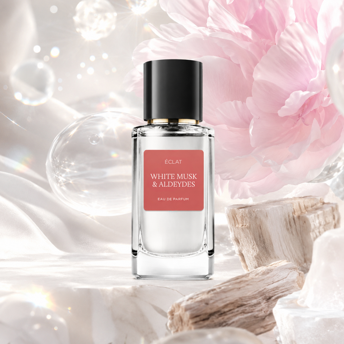Flacone di vetro sfaccettato di ÉCLAT White Musk & Aldehydes con tappo nero, su uno sfondo di petali rosa morbidi e trame bianche.