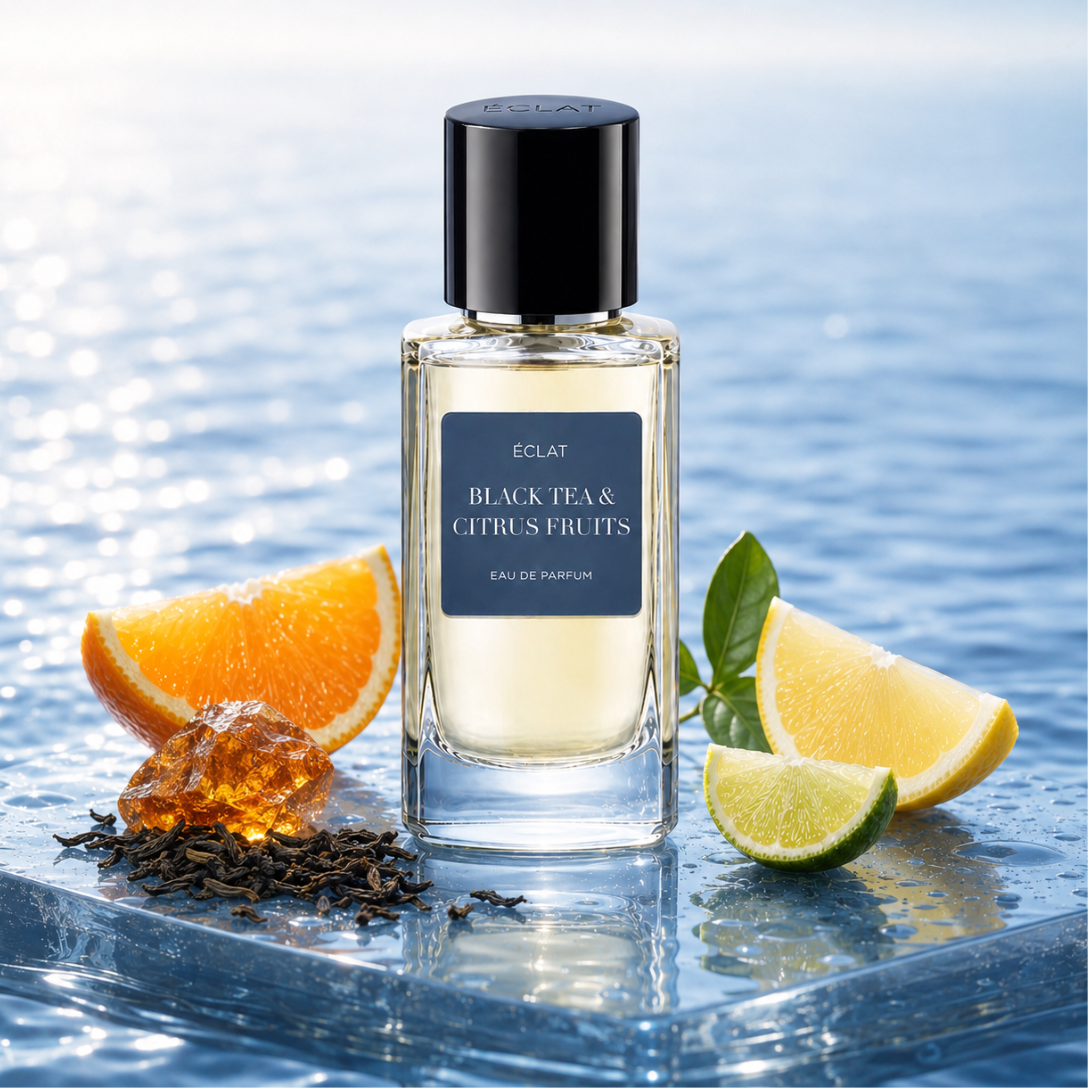Raffinata bottiglia in vetro di ÉCLAT Black Tea & Citrus Fruits con tappo scuro, adornata con fette di agrumi, ambra e foglie di tè su uno sfondo acquatico sereno.