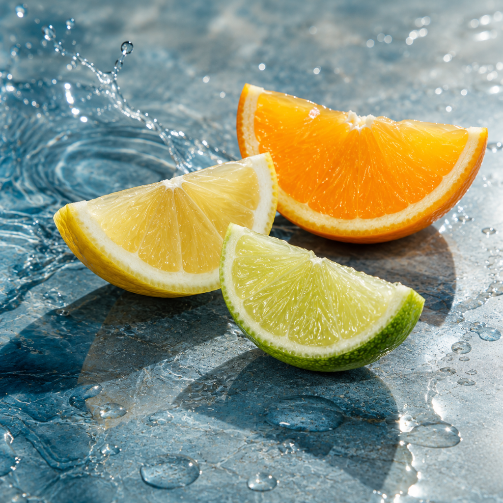 Fette di arancia, limone e lime su una superficie testurizzata con gocce d'acqua, catturando l'essenza di ÉCLAT Black Tea & Citrus Fruits.