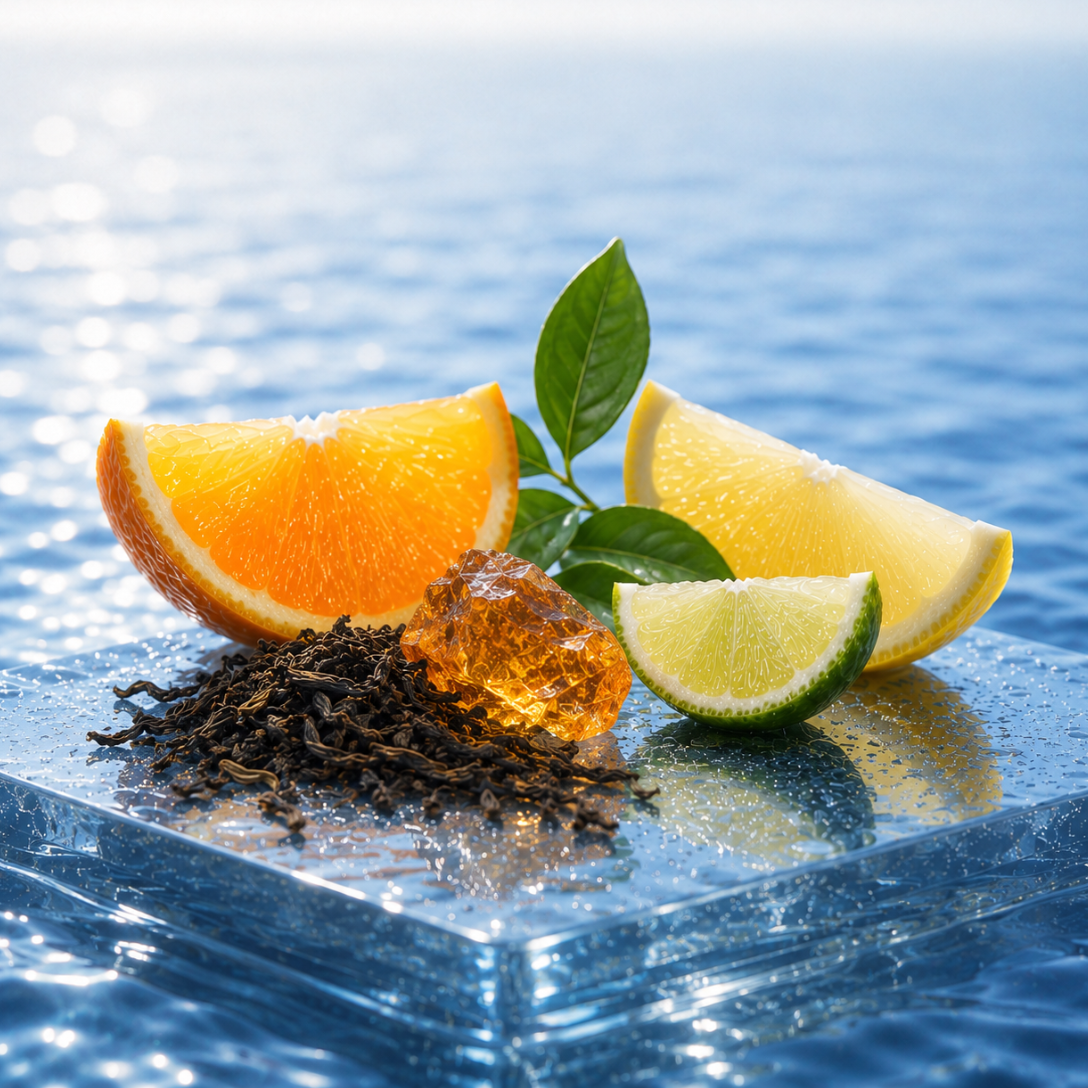 Fette di arancia, limone e lime con foglie di tè nero su una superficie di vetro con sfondo marino per ÉCLAT Black Tea & Citrus Fruits.