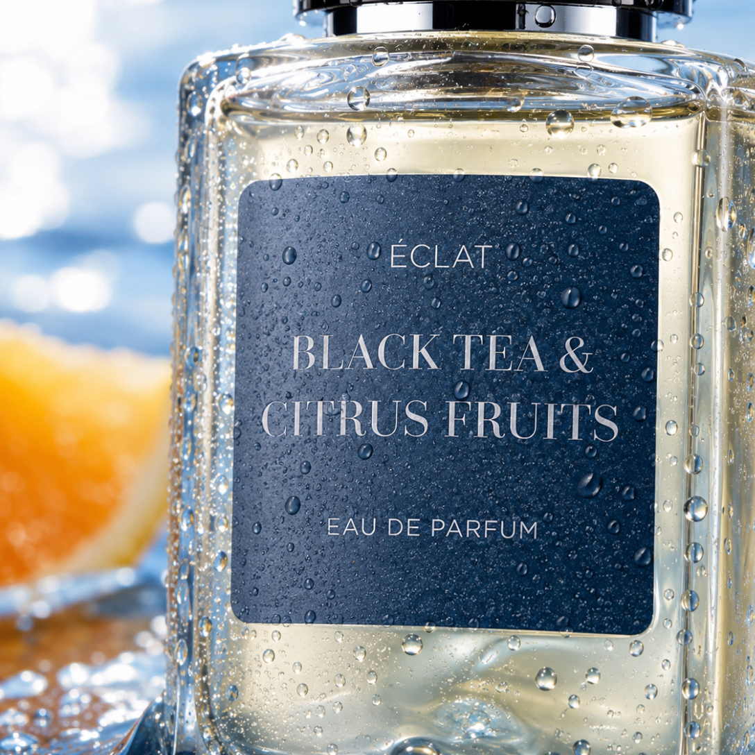 Flacone di vetro sfaccettato di ÉCLAT Black Tea & Citrus Fruits con etichetta blu scuro, ricoperto di gocce, accanto a una fetta d'arancia.