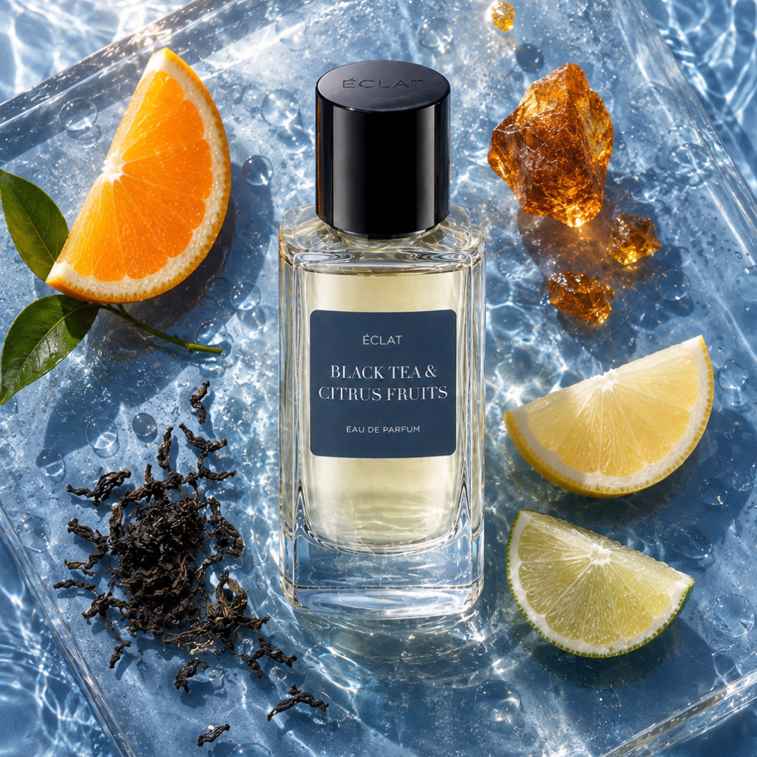 Una bottiglia di vetro sfaccettato di ÉCLAT Black Tea & Citrus Fruits con tappo nero, circondata da fette di arancia e limone, foglie di tè e resina di ambra su una superficie acquosa.