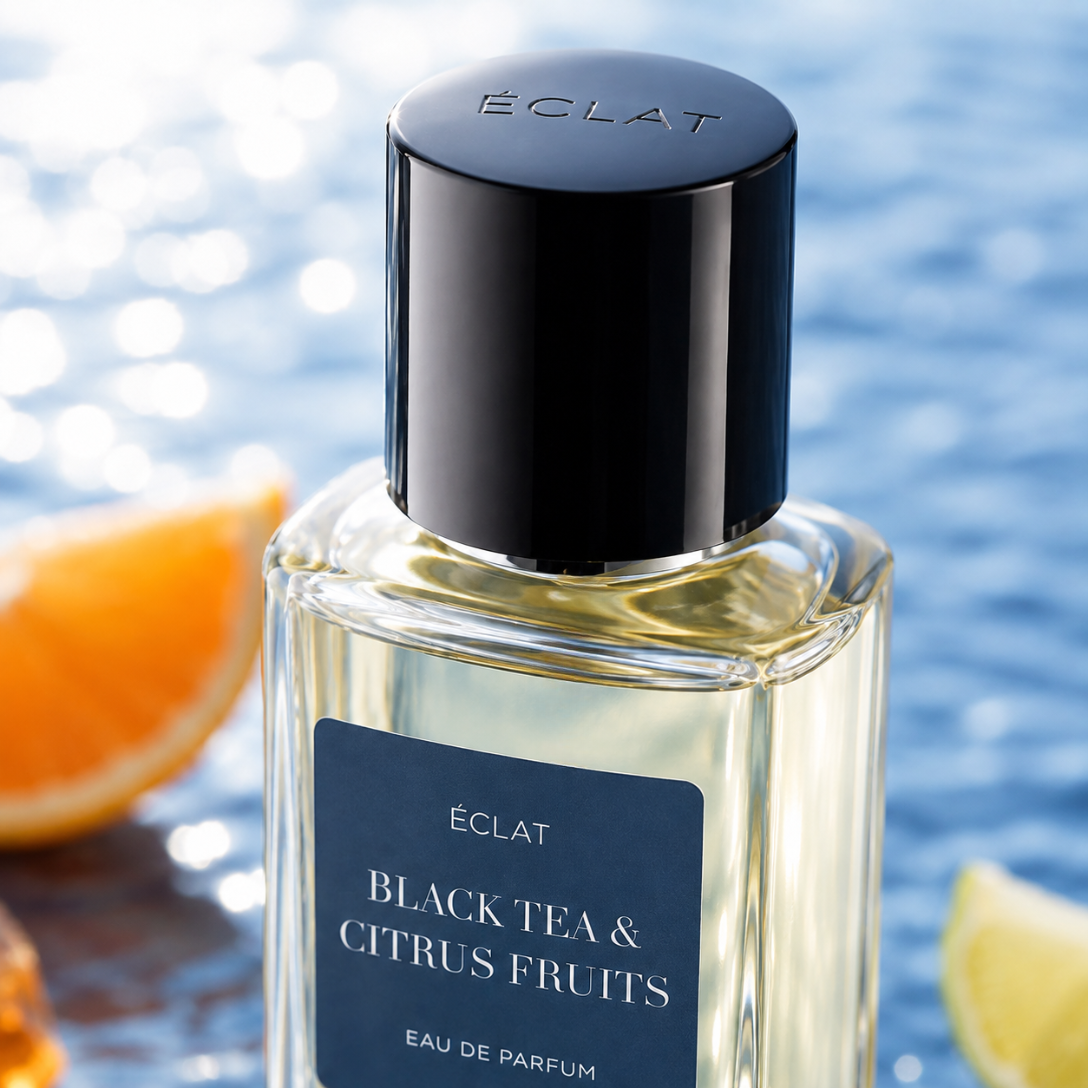 ÉCLAT Black Tea & Citrus Fruits in un flacone di vetro sfaccettato con un elegante tappo nero, su uno sfondo sfocato di acqua e fette di agrumi.