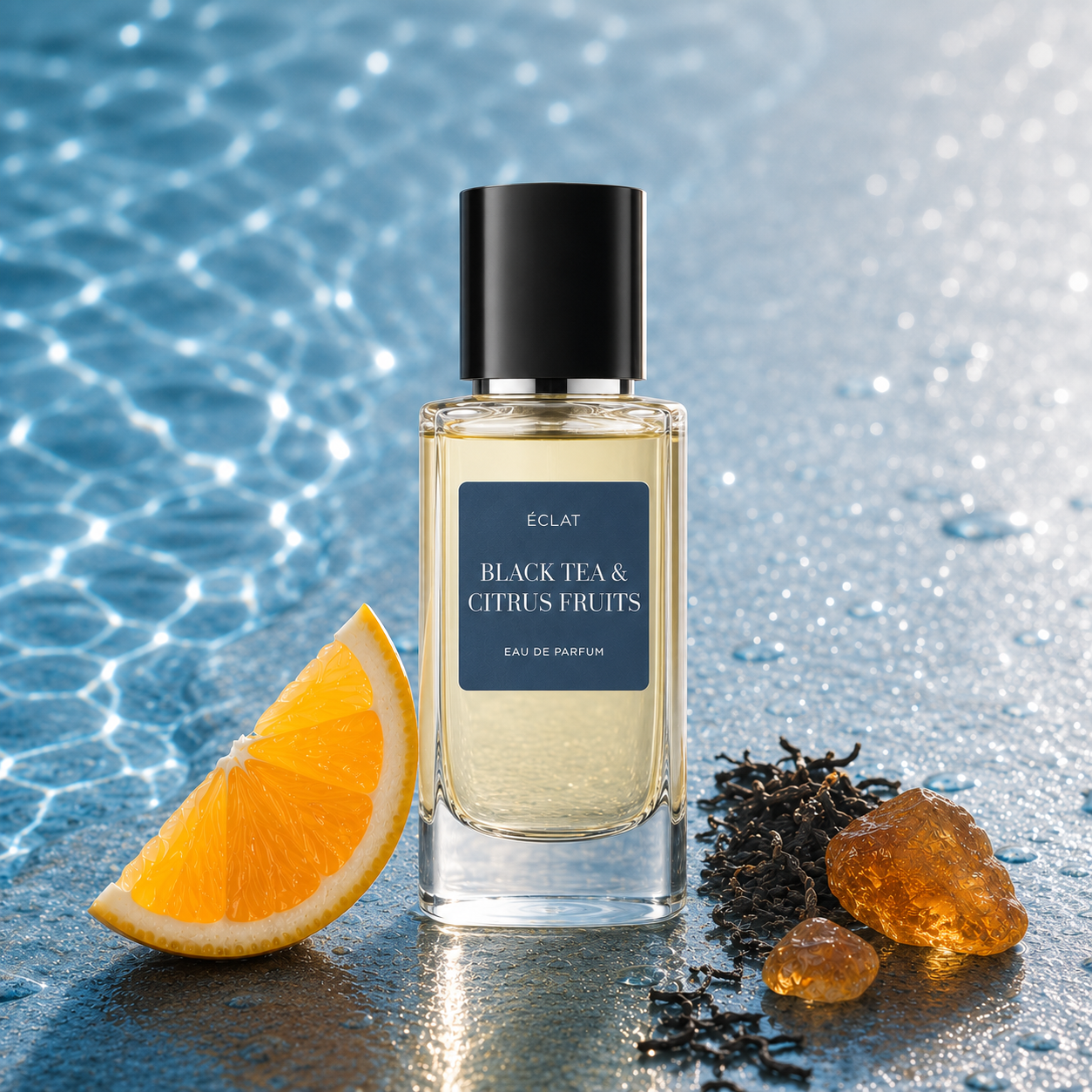 Una bottiglia in vetro sfaccettato del profumo ÉCLAT Black Tea & Citrus Fruits con tappo nero, accanto a una fetta d'arancia, foglie di tè nero e resina d'ambra, su sfondo blu scintillante.