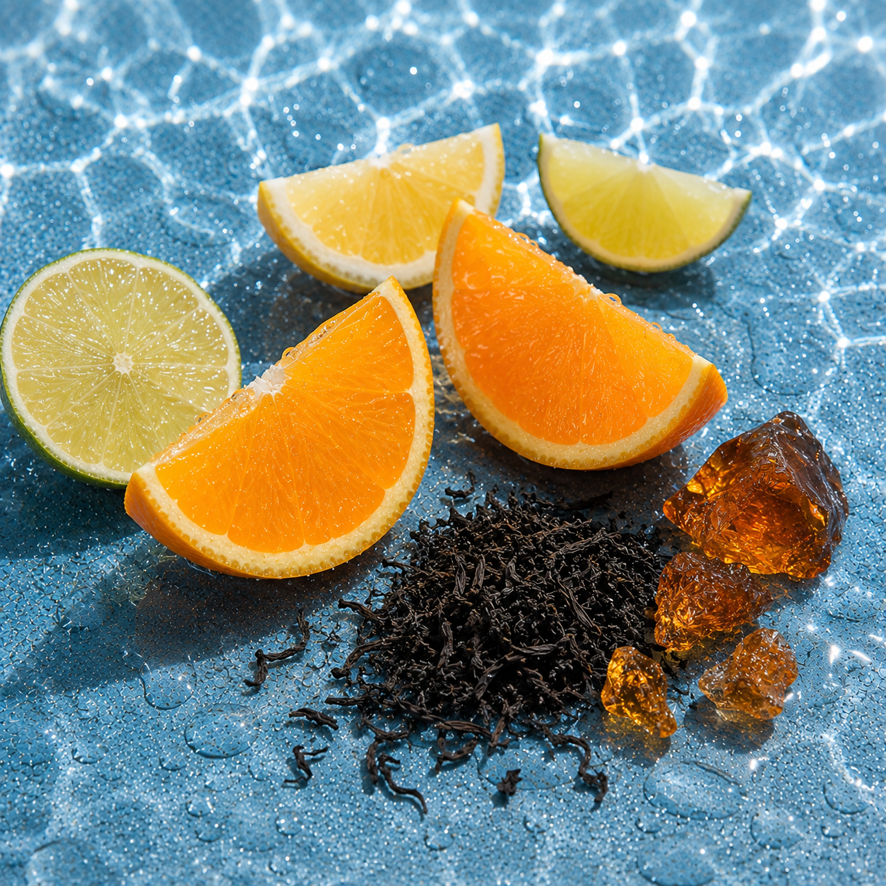 Fette di arancia, limone e lime con foglie di tè nero e resina d'ambra su una superficie blu scintillante, che rappresentano ÉCLAT VIP Black Tea & Citrus Fruits.